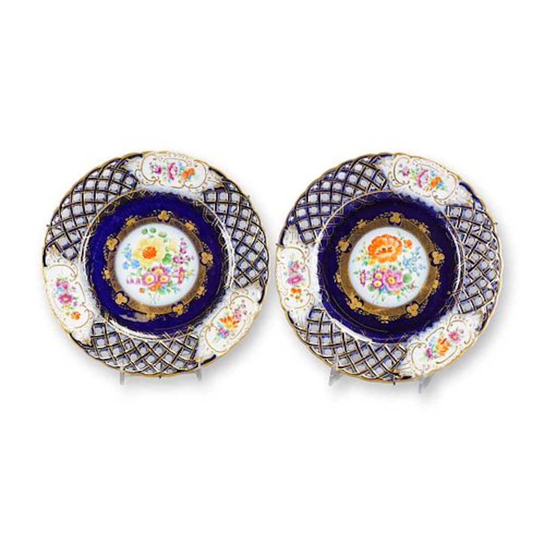 Pair of French 19th Century Reticulated Sevres Style Cobalt-Blue Porcelain