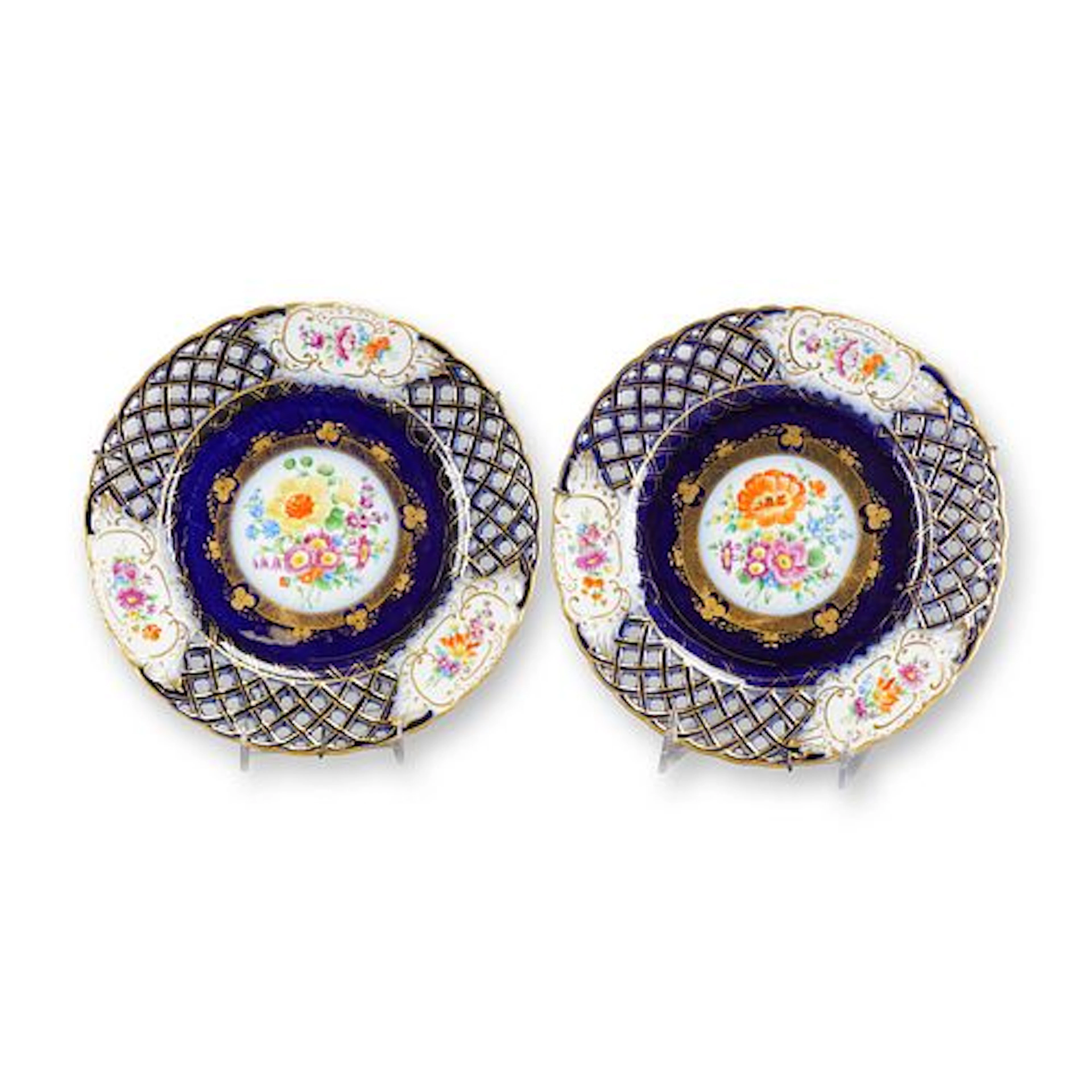 Pair of French 19th Century Reticulated Sevres Style Cobalt-Blue Porcelain