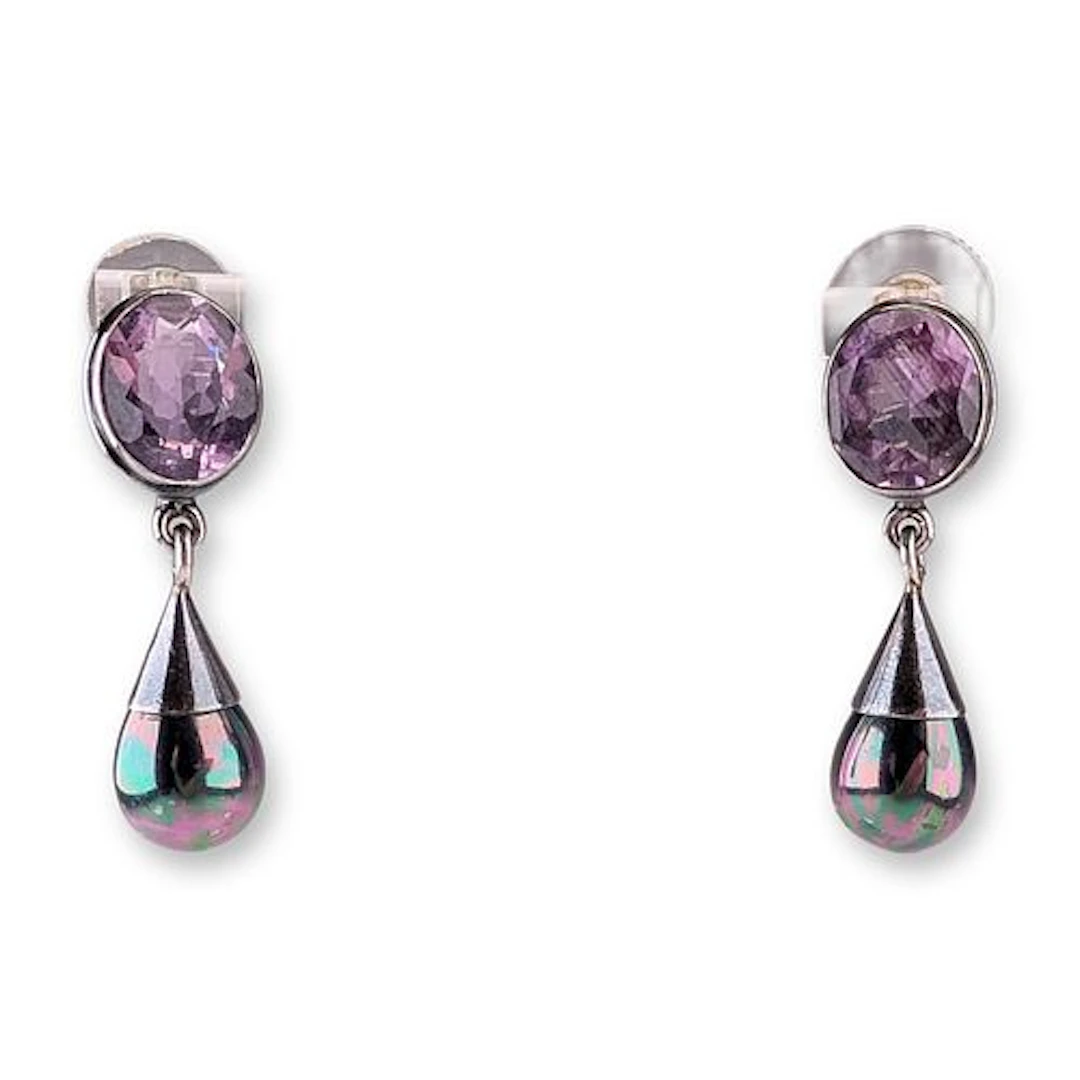 Pair of Indian Sterling Silver Amethyst and Iridescent Drop Earrings