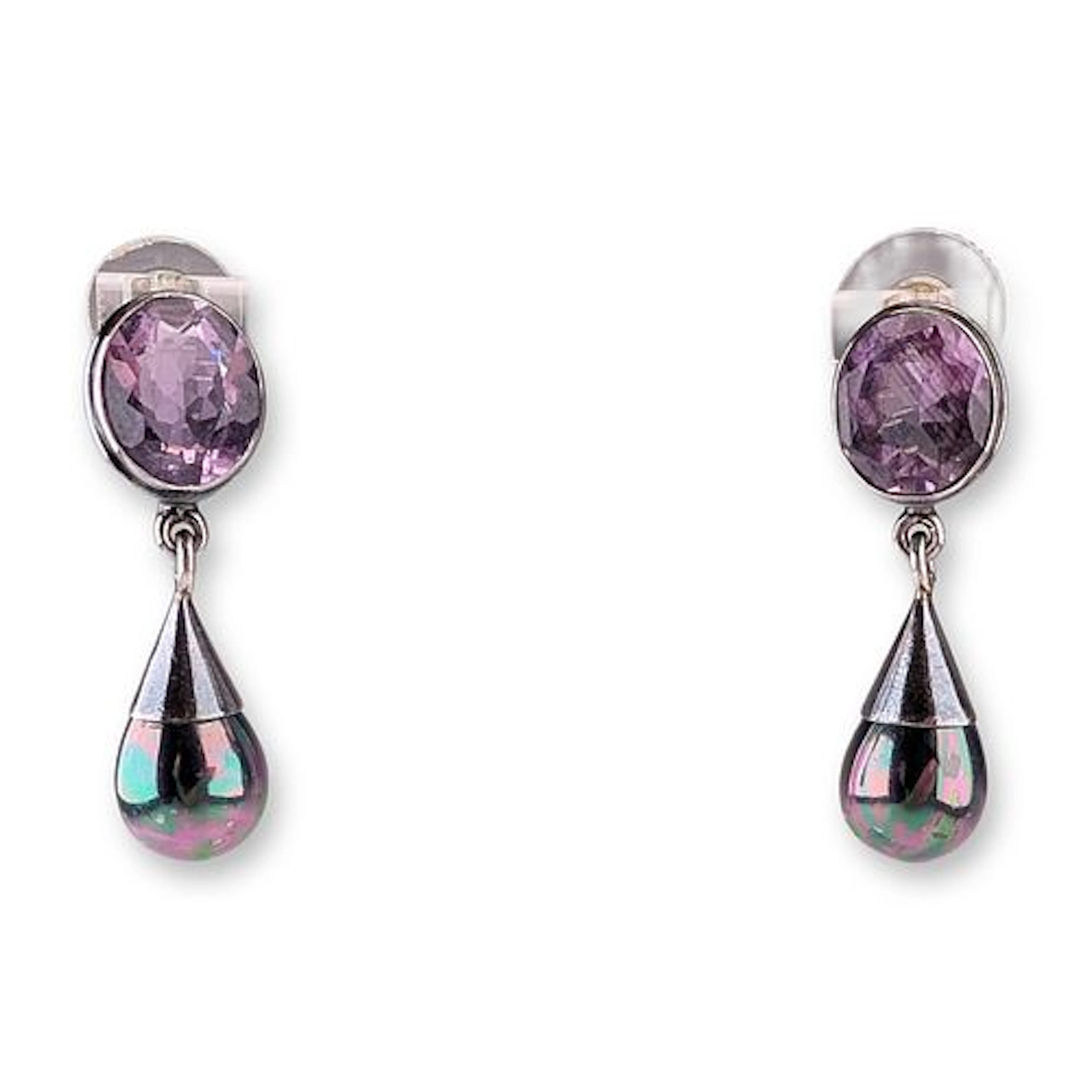 Pair of Indian Sterling Silver Amethyst and Iridescent Drop Earrings