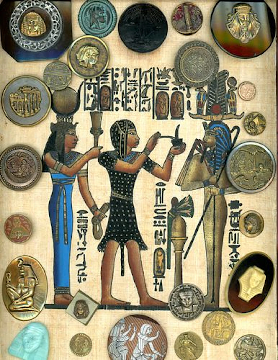 A CARD OF DIV. 1 & 3 ASSORTED EGYPTIAN MOTIF BUTTONS