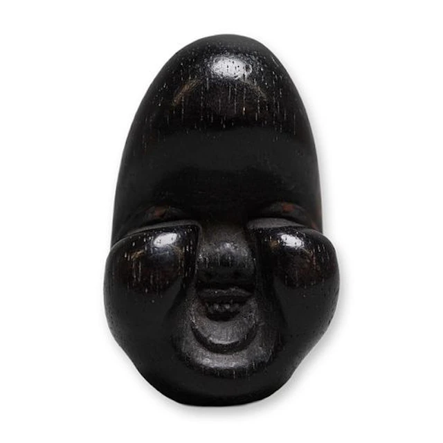 Japanese Dark Wood Netsuke Okame Noh Mask, Signed