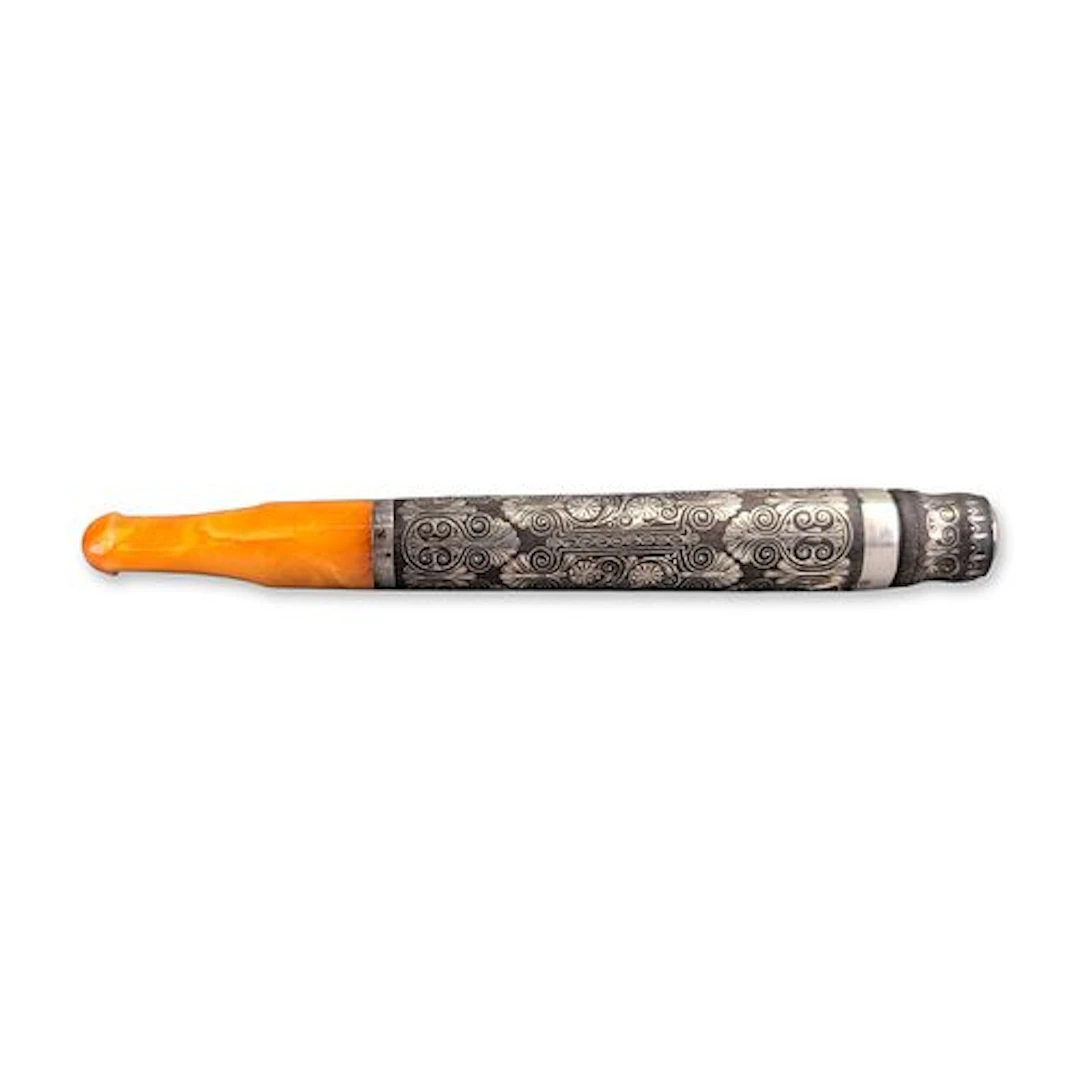 Ottoman Style Niello Silver and Butterscotch Amber Resin Cigarette Holder