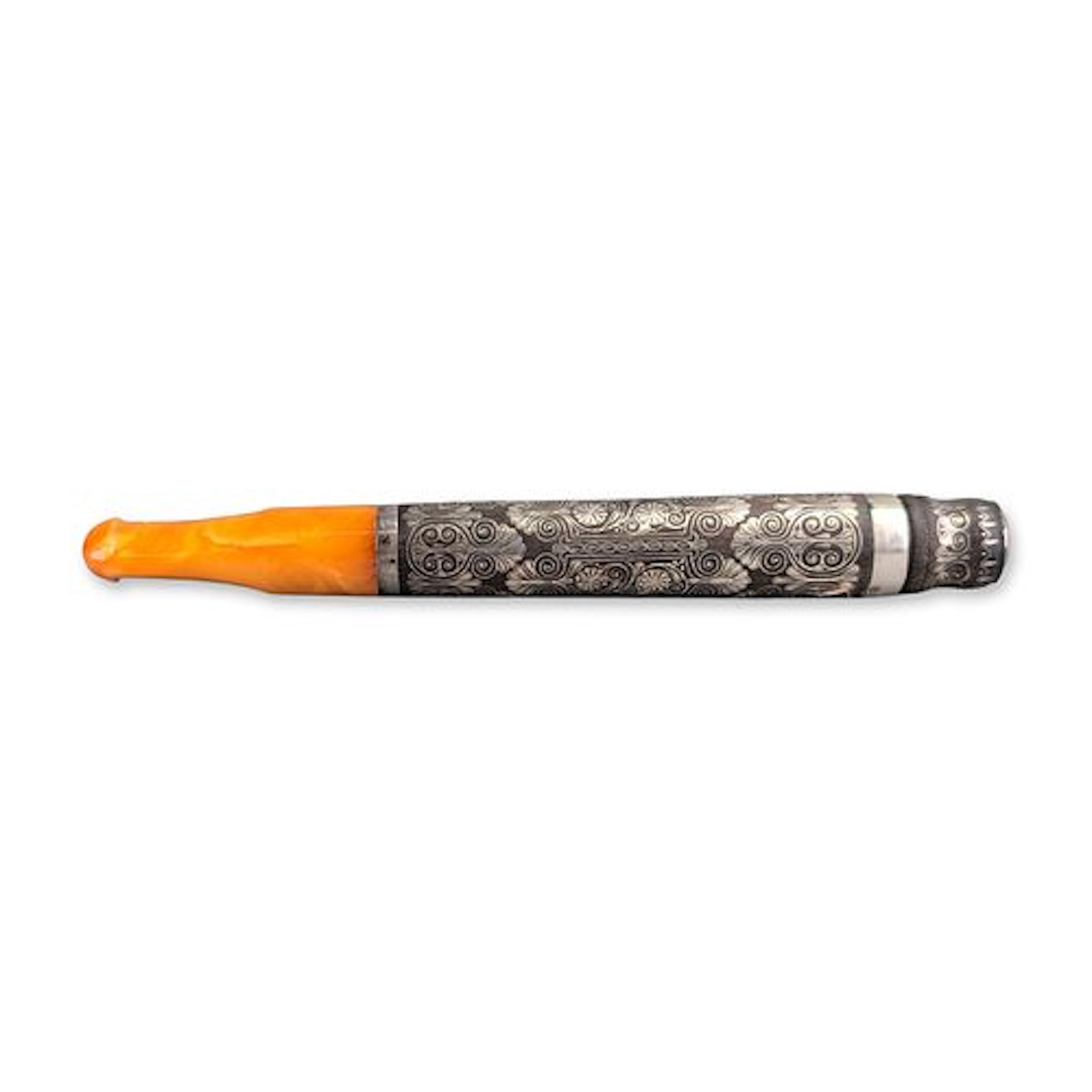 Ottoman Style Niello Silver and Butterscotch Amber Resin Cigarette Holder