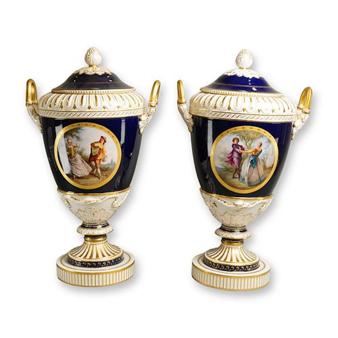 Pair of KPM Berlin Porcelain Campana Vases and Covers, Late 19th Century