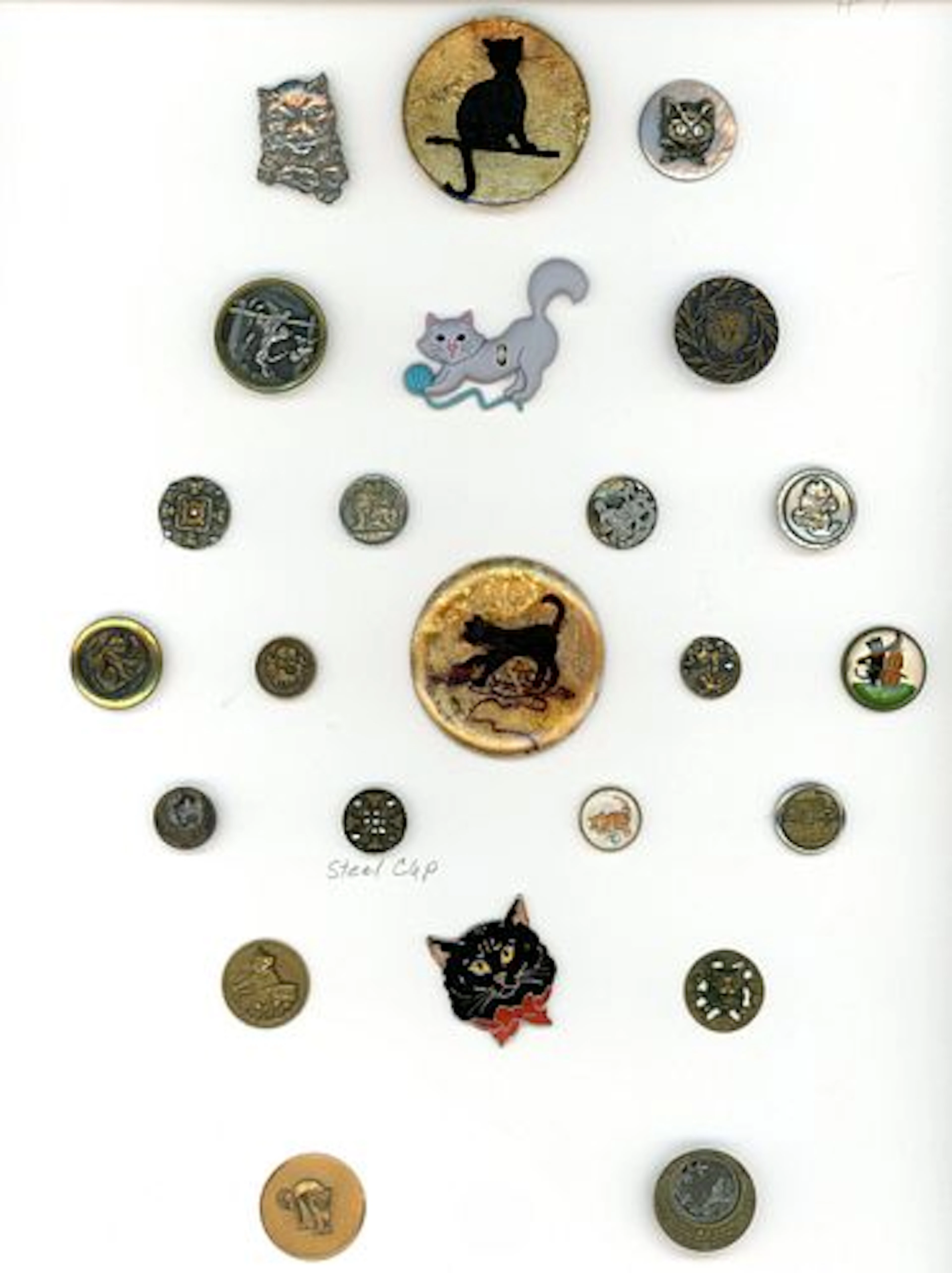 A CARD OF DIVISION ONE AND THREE FELINE ANIMAL BUTTONS