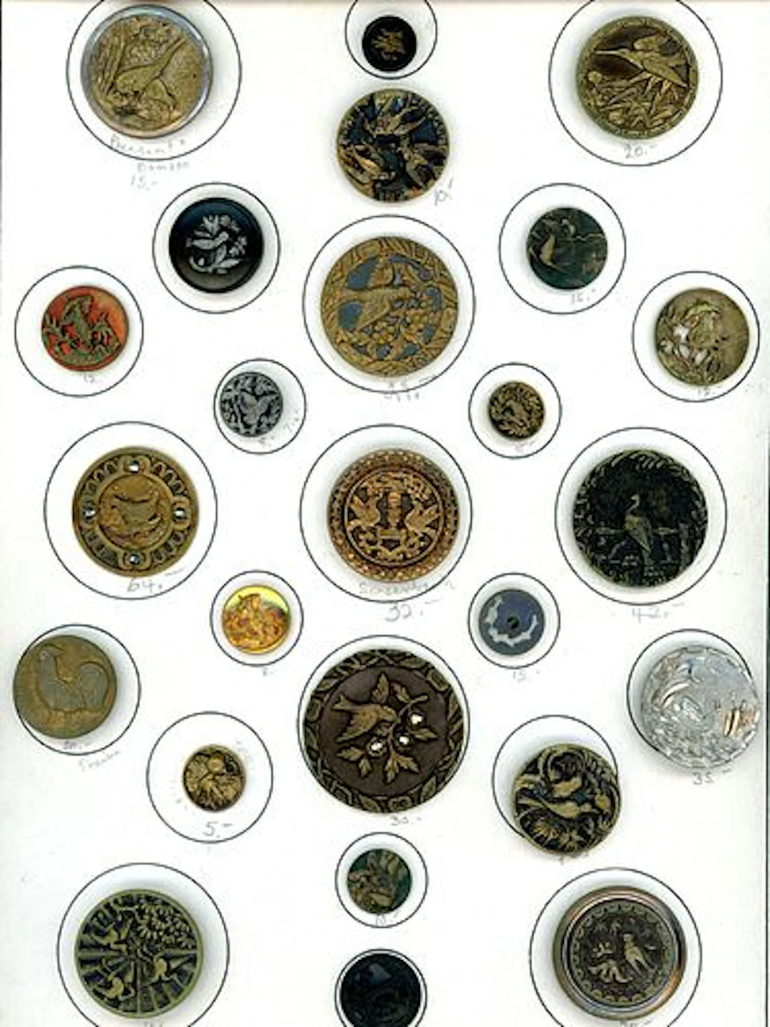 A CARD OF DIVISION ONE BIRD BUTTONS