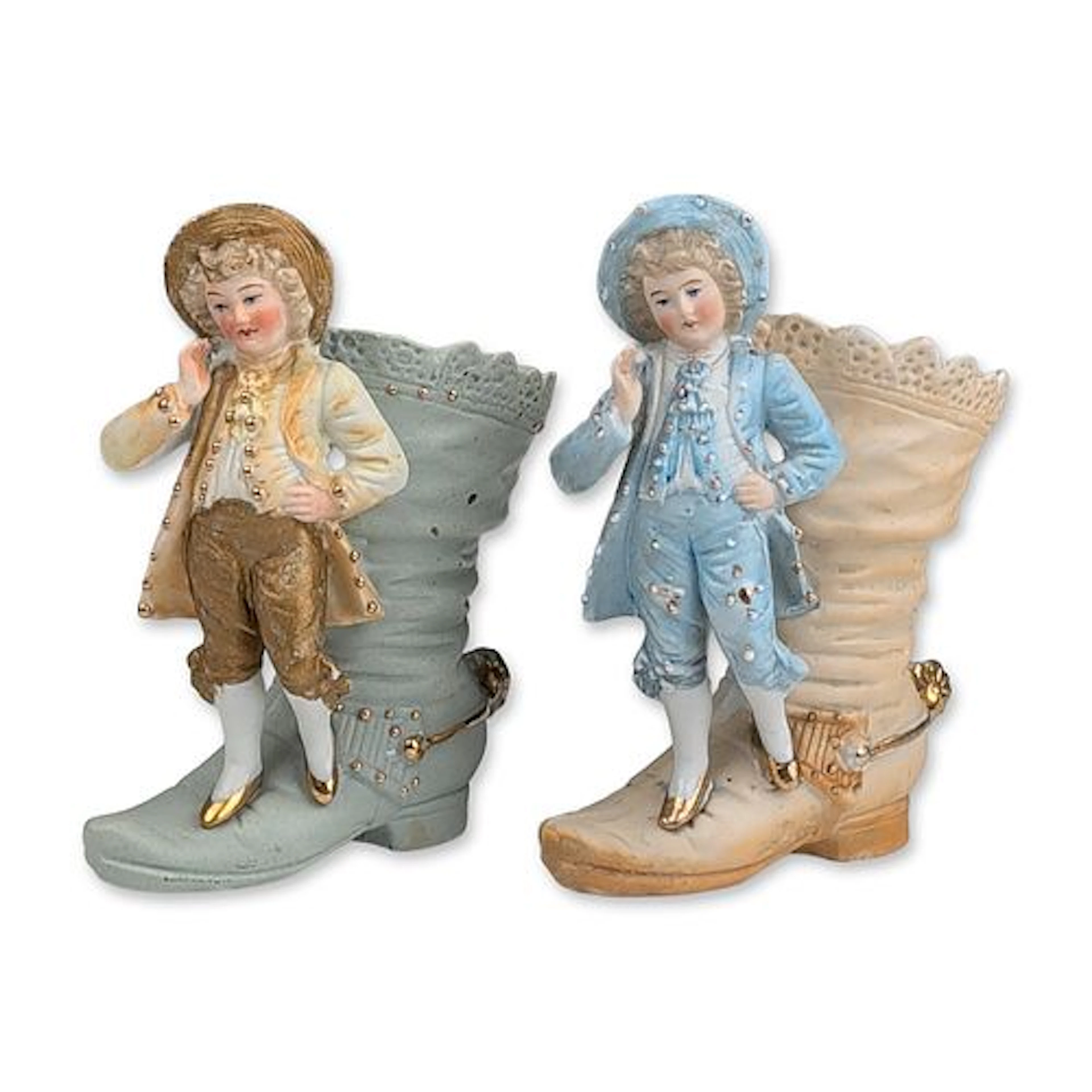 Pair of German Bisque Porcelain Boot Spill Vase Figurines