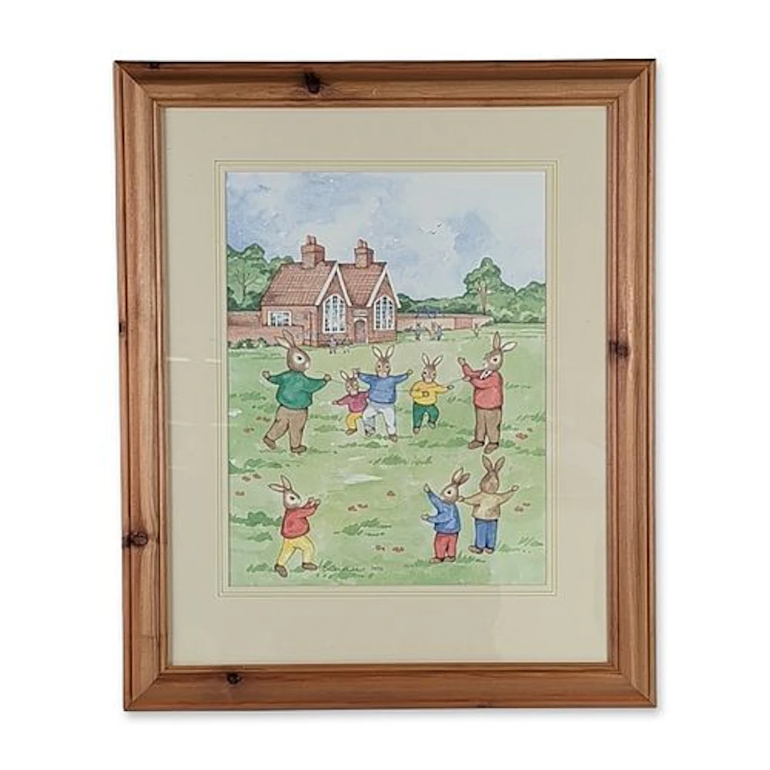 Denise Andrews 1994 Framed Original Watercolor Bunnykins Painting, Red Rover