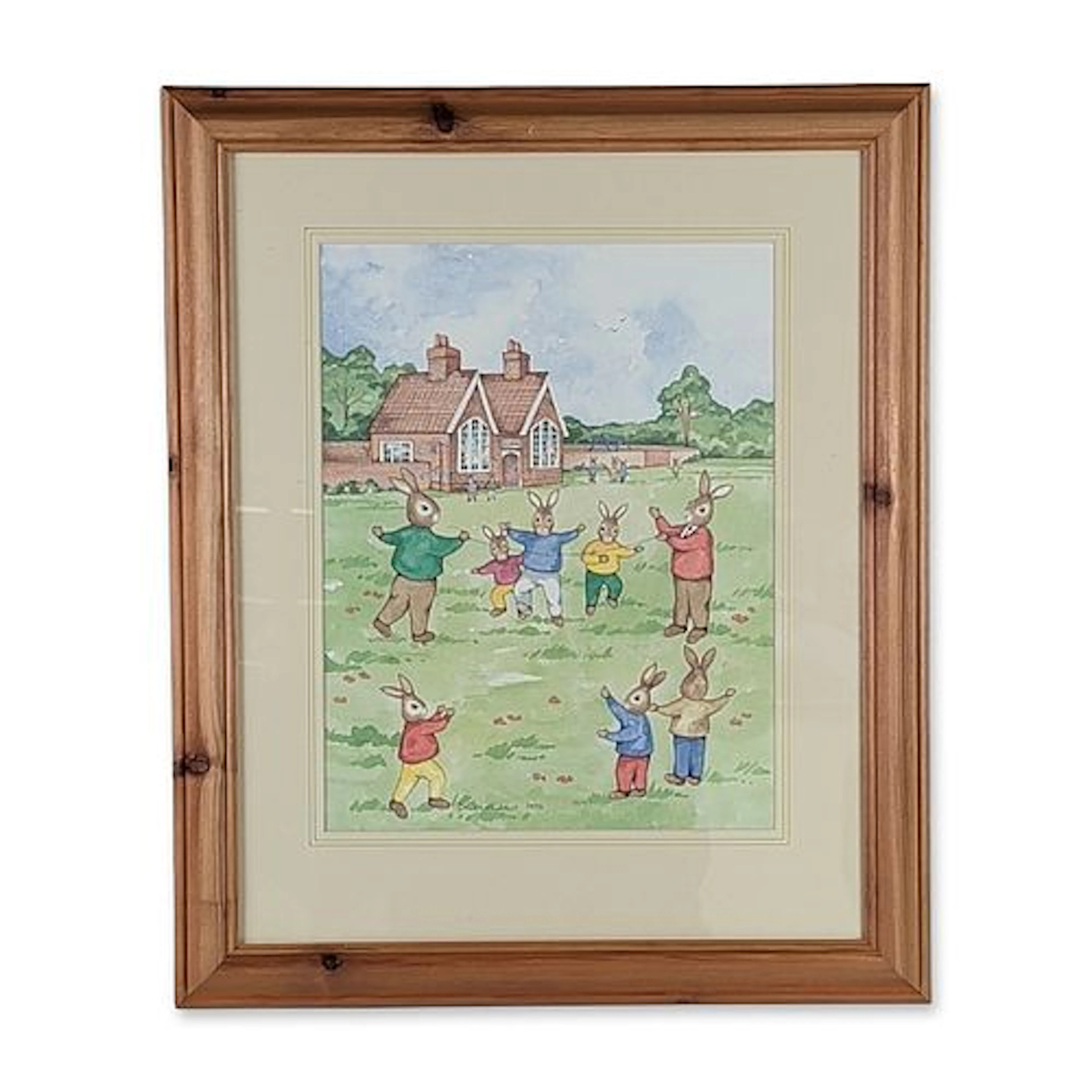 Denise Andrews 1994 Framed Original Watercolor Bunnykins Painting, Red Rover