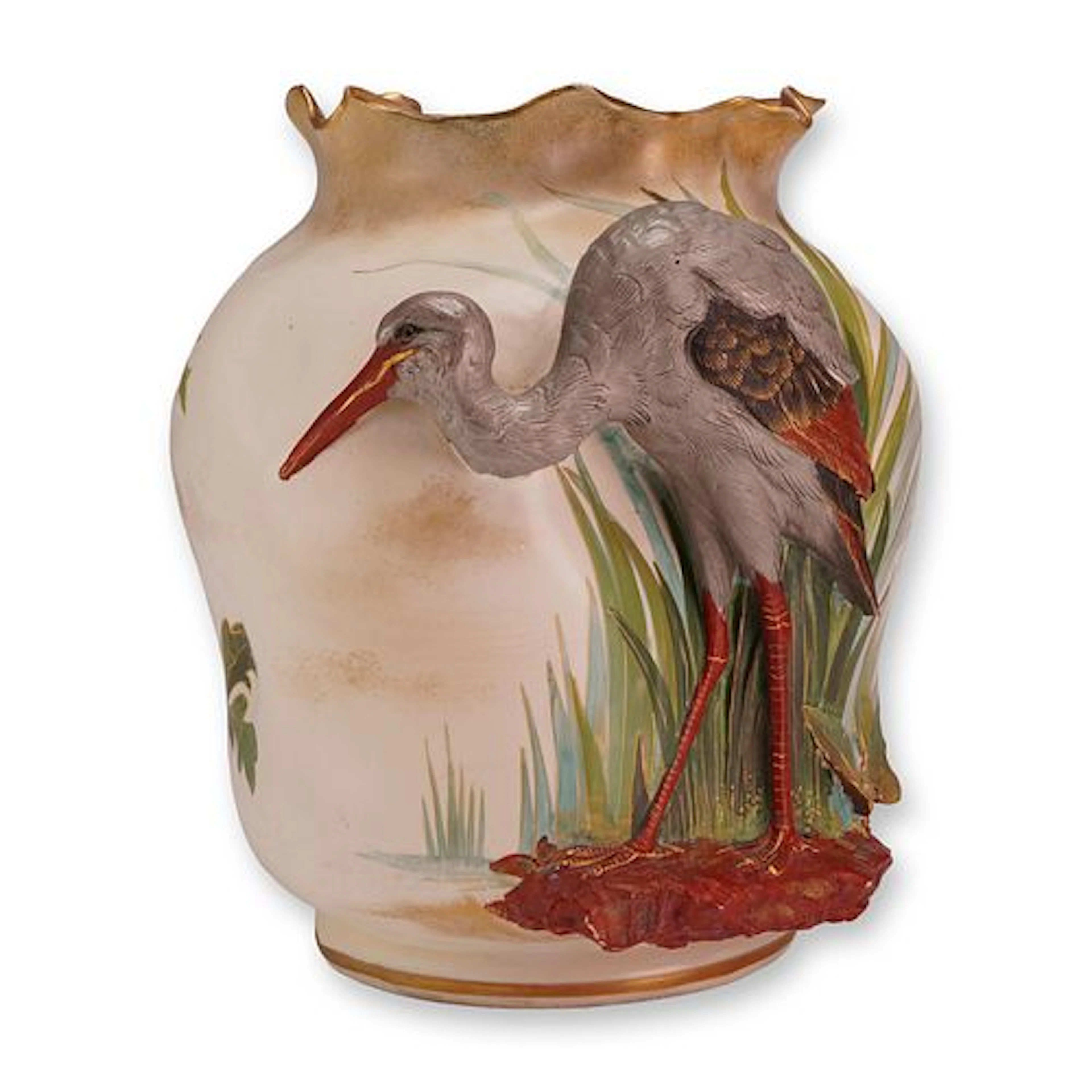 Doulton Burslem High Relief Stork and Hand Painted Floral Vase