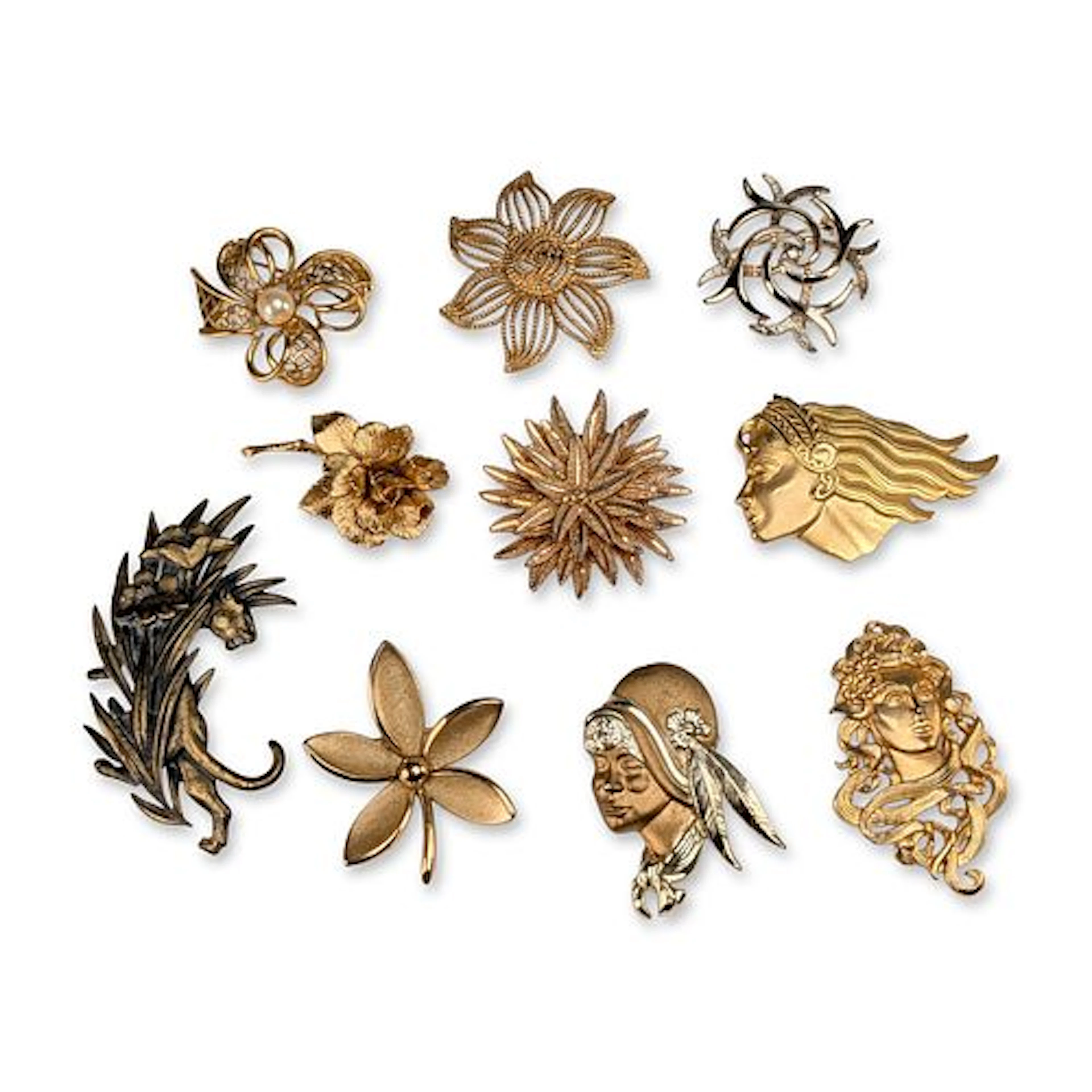 10pc Collection of Vintage Gold-Tone and Silver-Tone Brooches