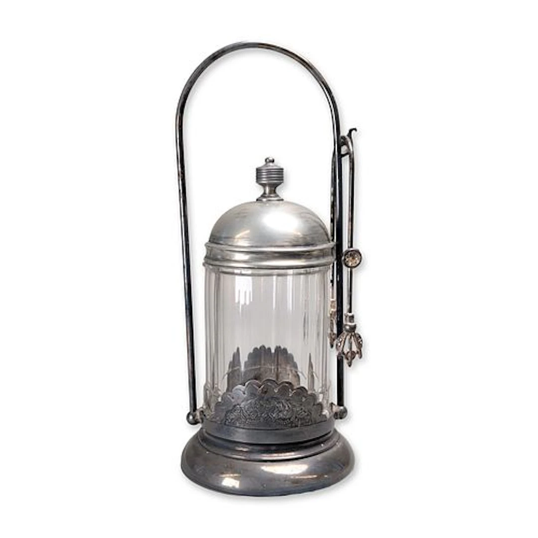 Victorian Silver Plated Pickle Castor with Glass Insert and Tongs