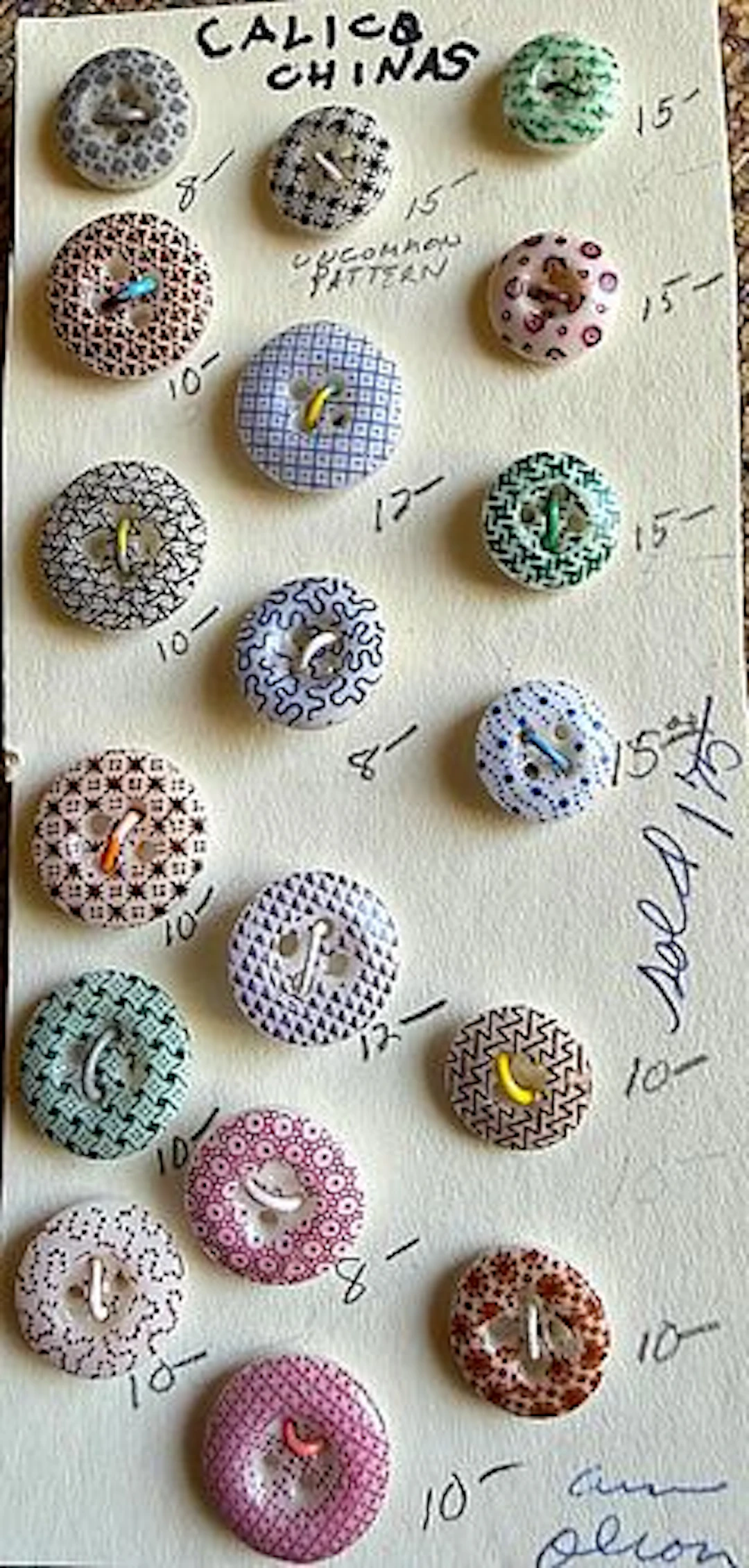 A SMALL CARD OF DIVISION ONE CALICO CHINA BUTTONS