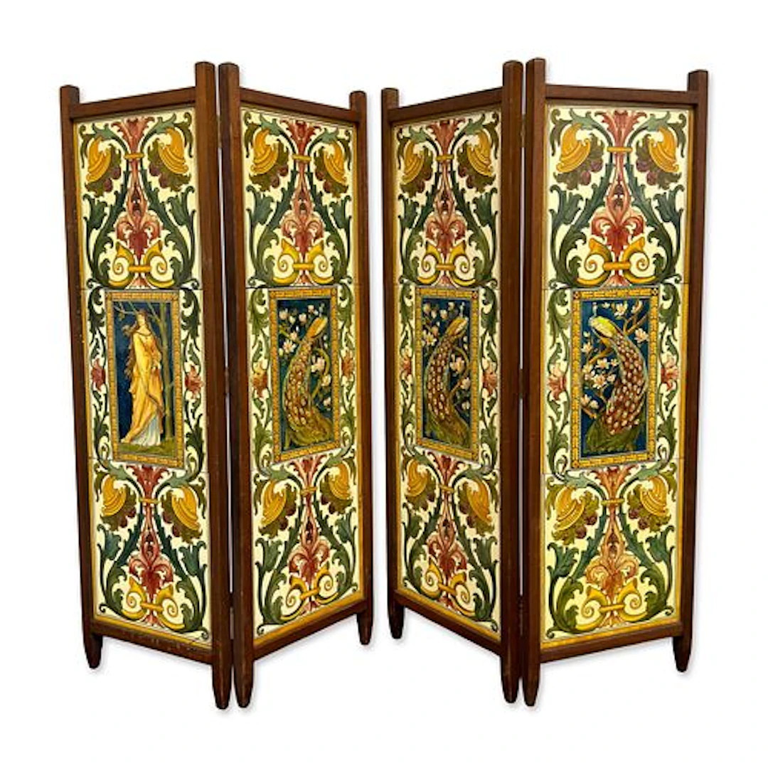 Pair of Framed Doulton Peacock and Maiden Bifold Tile Panel Screens