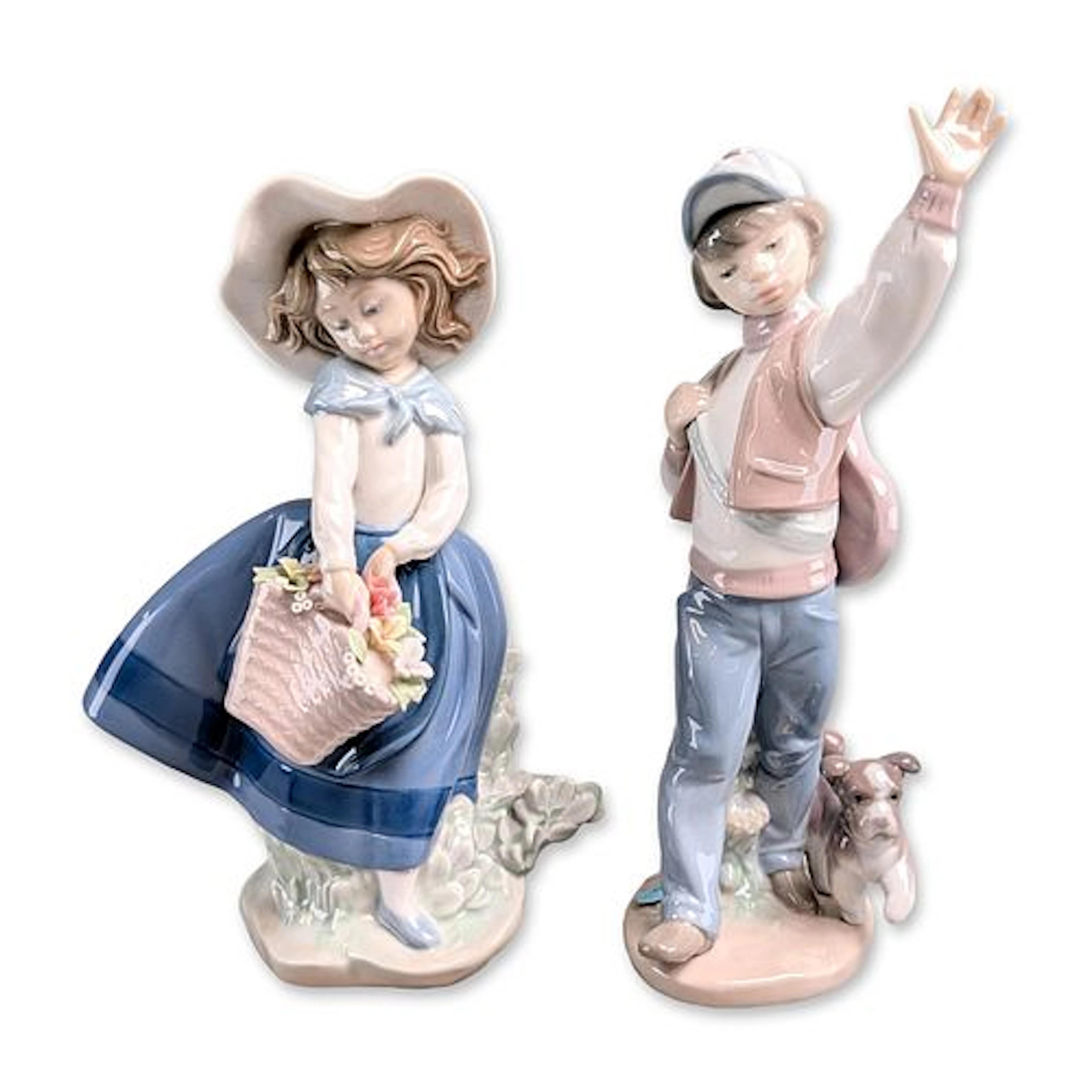 2pc Lladro Glazed Porcelain Children Figurines, Pretty Pickings &