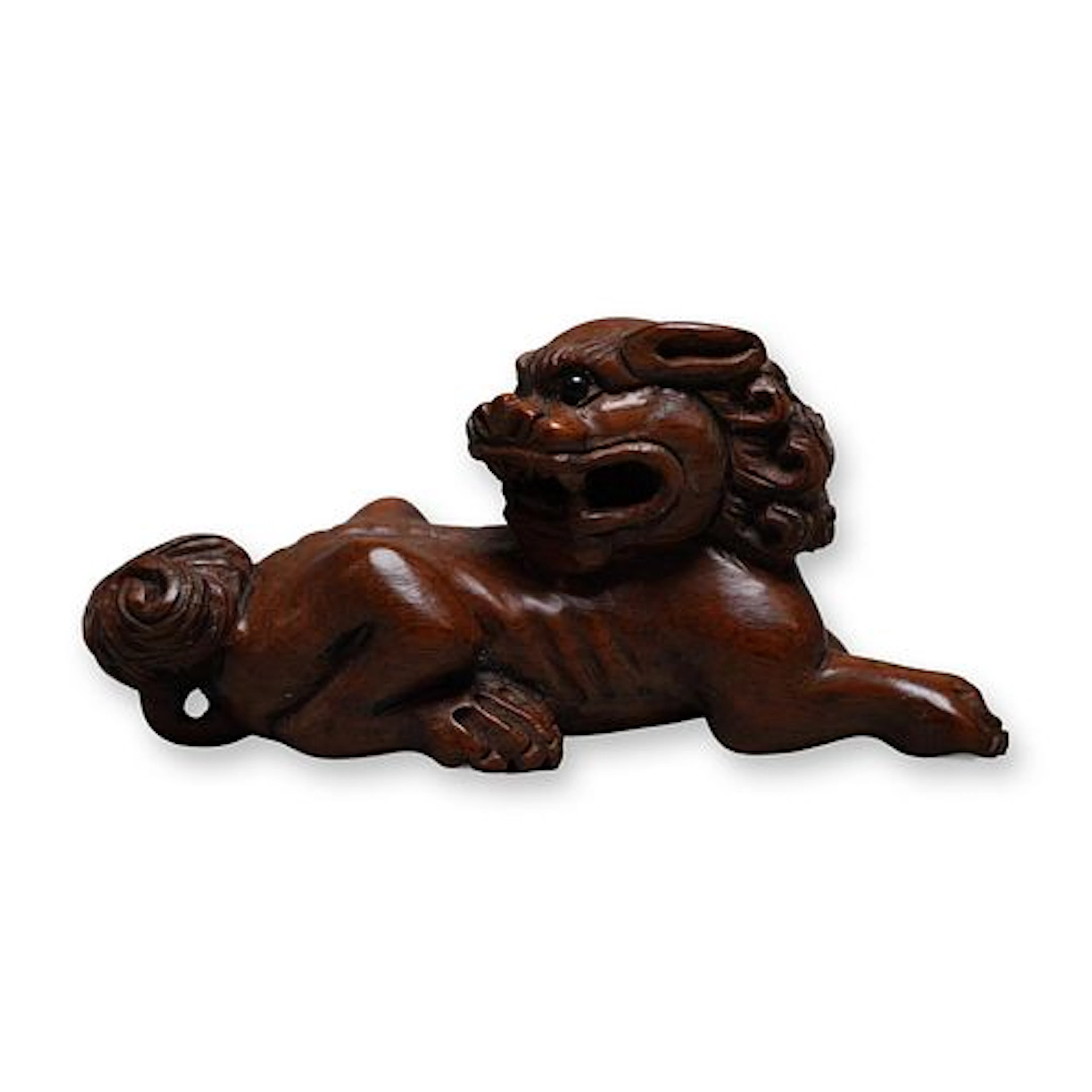 Japanese Carved Wood Netsuke Shi Shi Foo Dog Guardian Lion