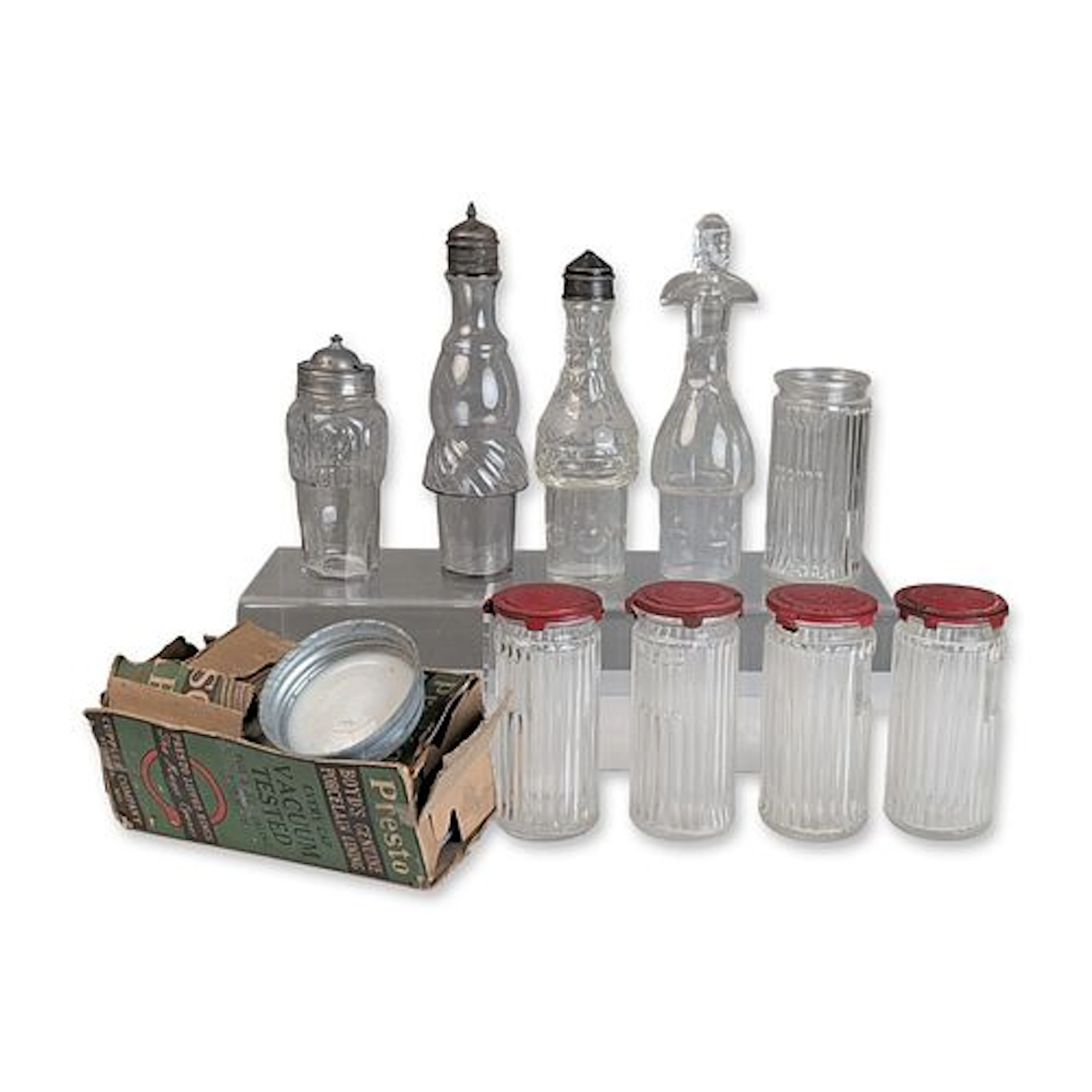 10pc Hoosier Glass Spice Shakers, Pressed Glass Cruets and Boyds Mason Caps