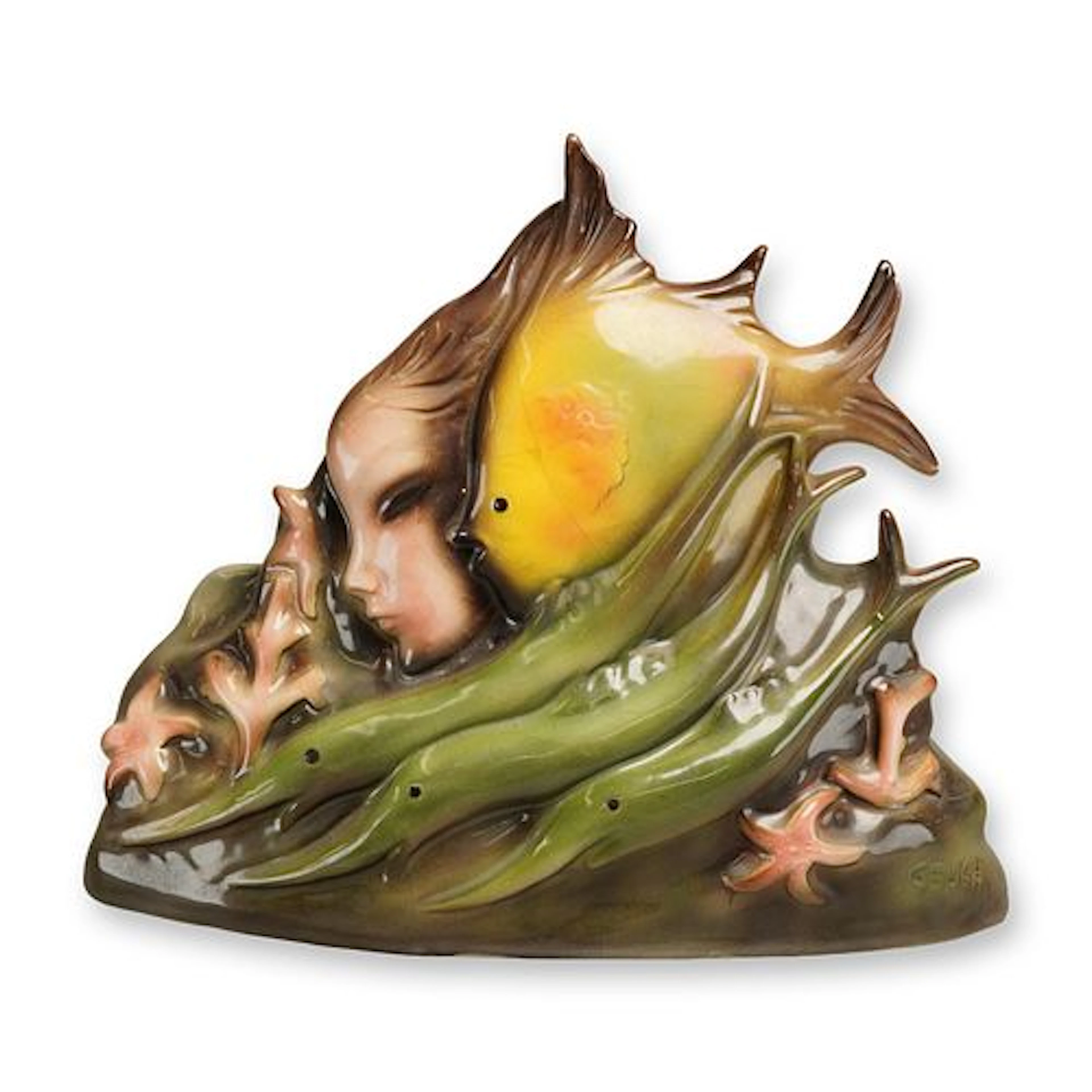 Italian Art Deco Porcelain Figure Depicting Fish and Human Faces
