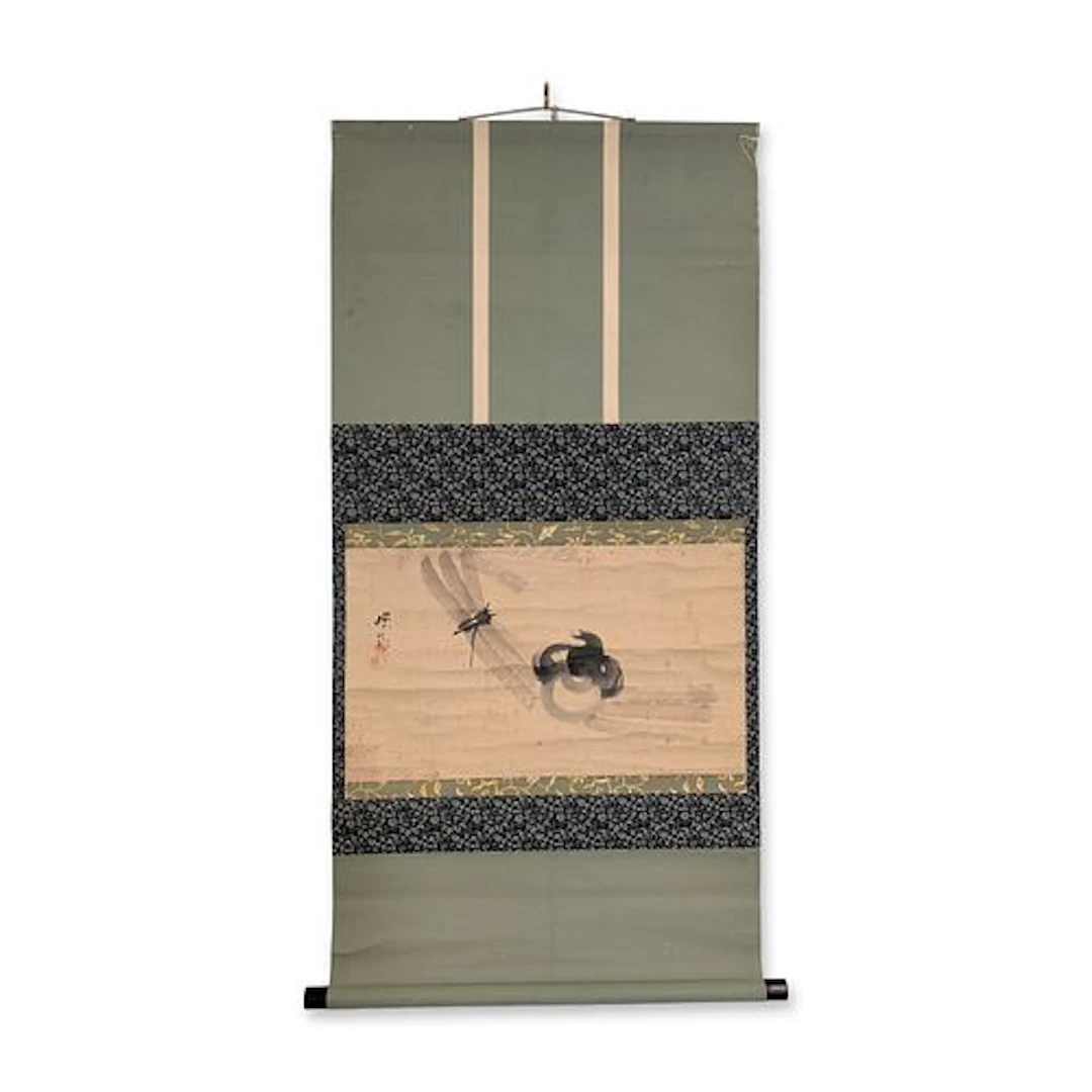 Japanese Ink Wash on Paper Dragonfly Hanging Scroll
