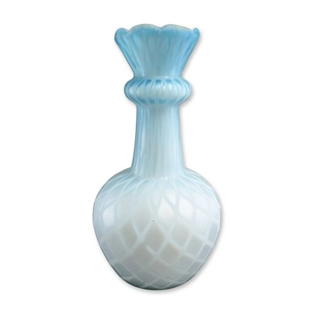 Victorian Blue Diamond Quilted Mother of Pearl Satin Glass Vase