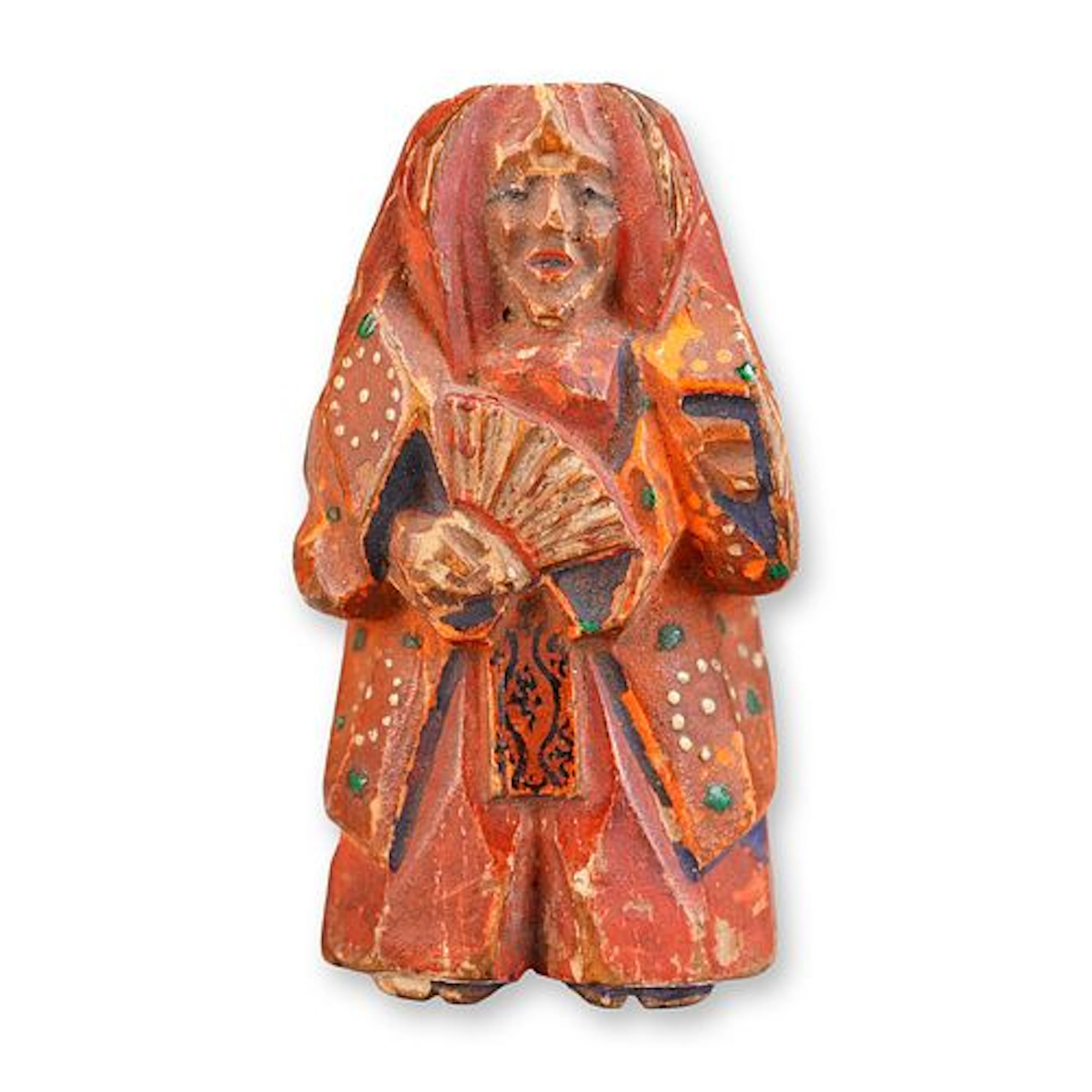 Wood Netsuke Red Lacquer Noh Dancer with Fan Signed