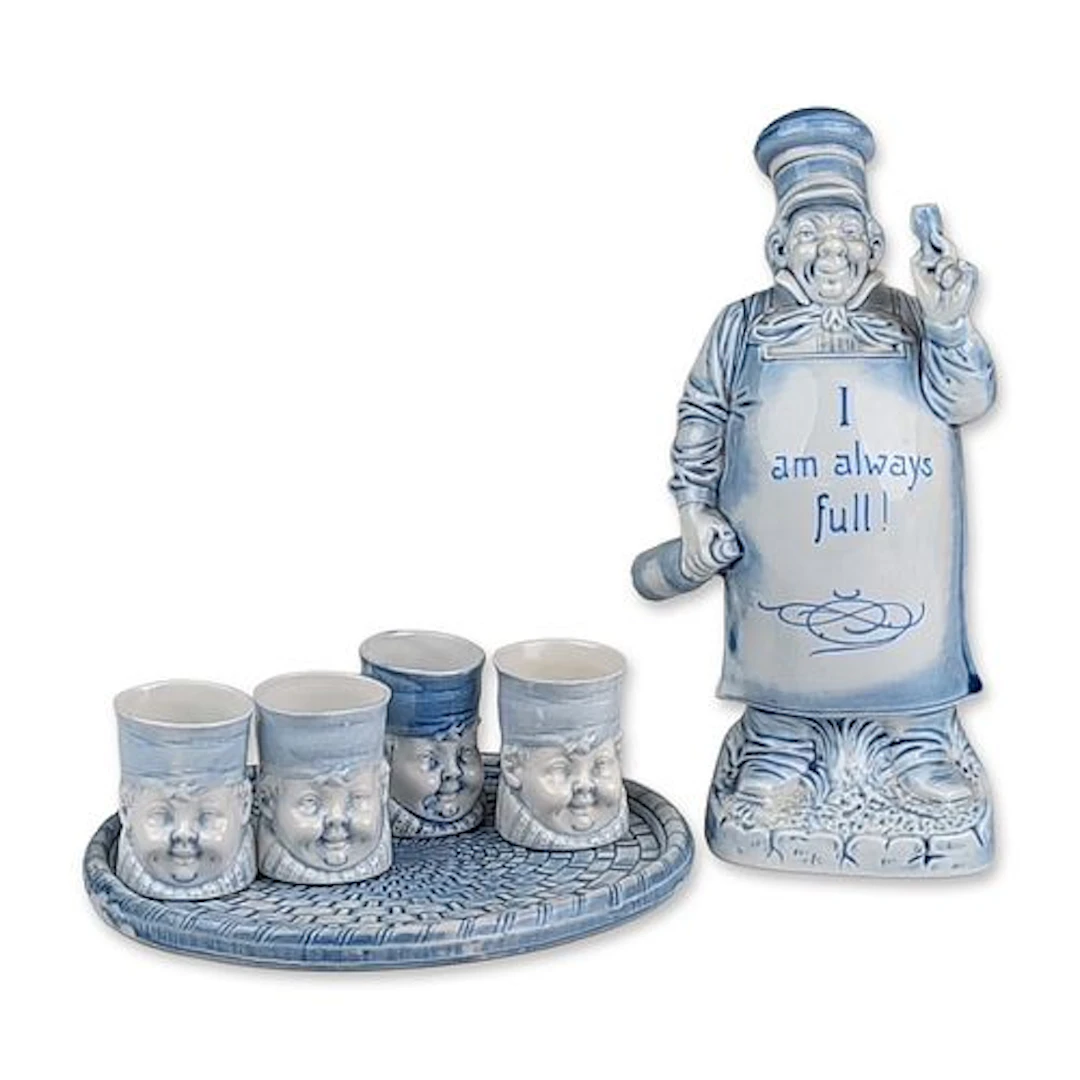 Blue and White Glazed Ceramic Chef Decanter and Cup Set