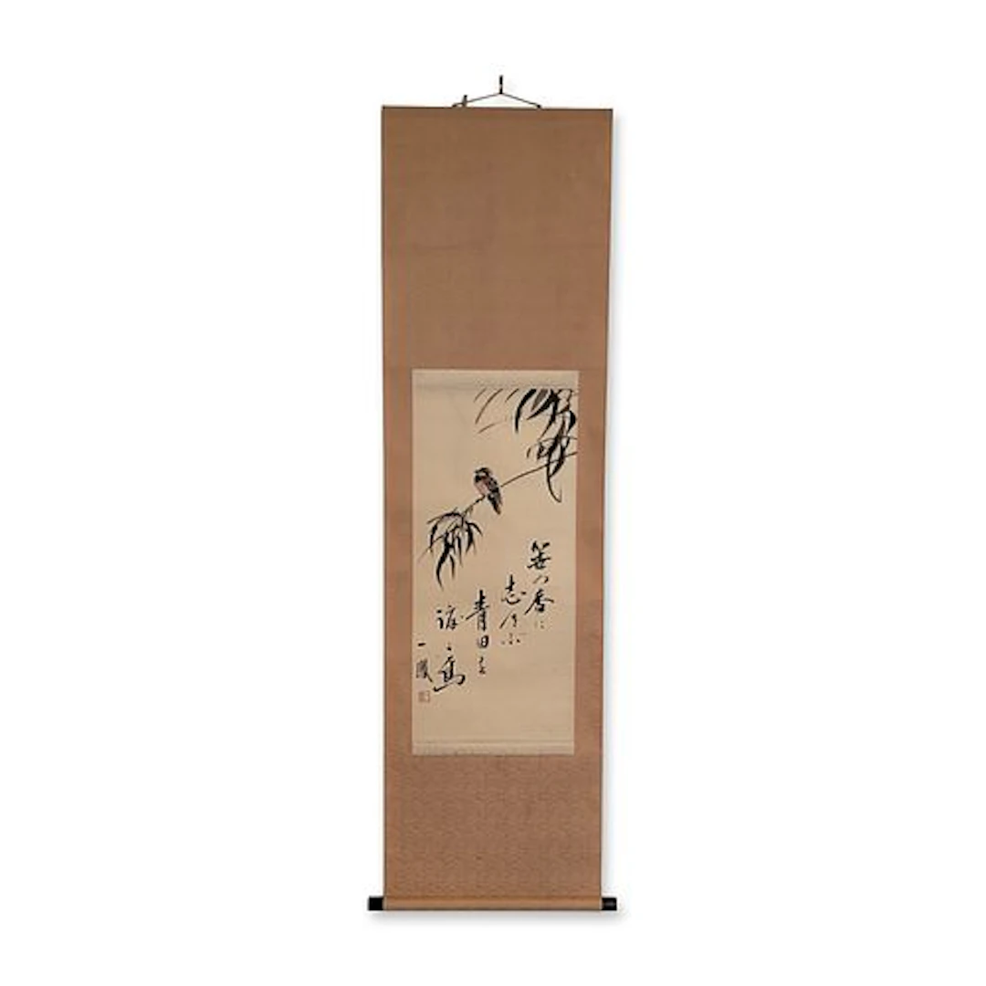 Japanese Ink and Washes on Paper Hanging Scroll, Sparrow and Willow