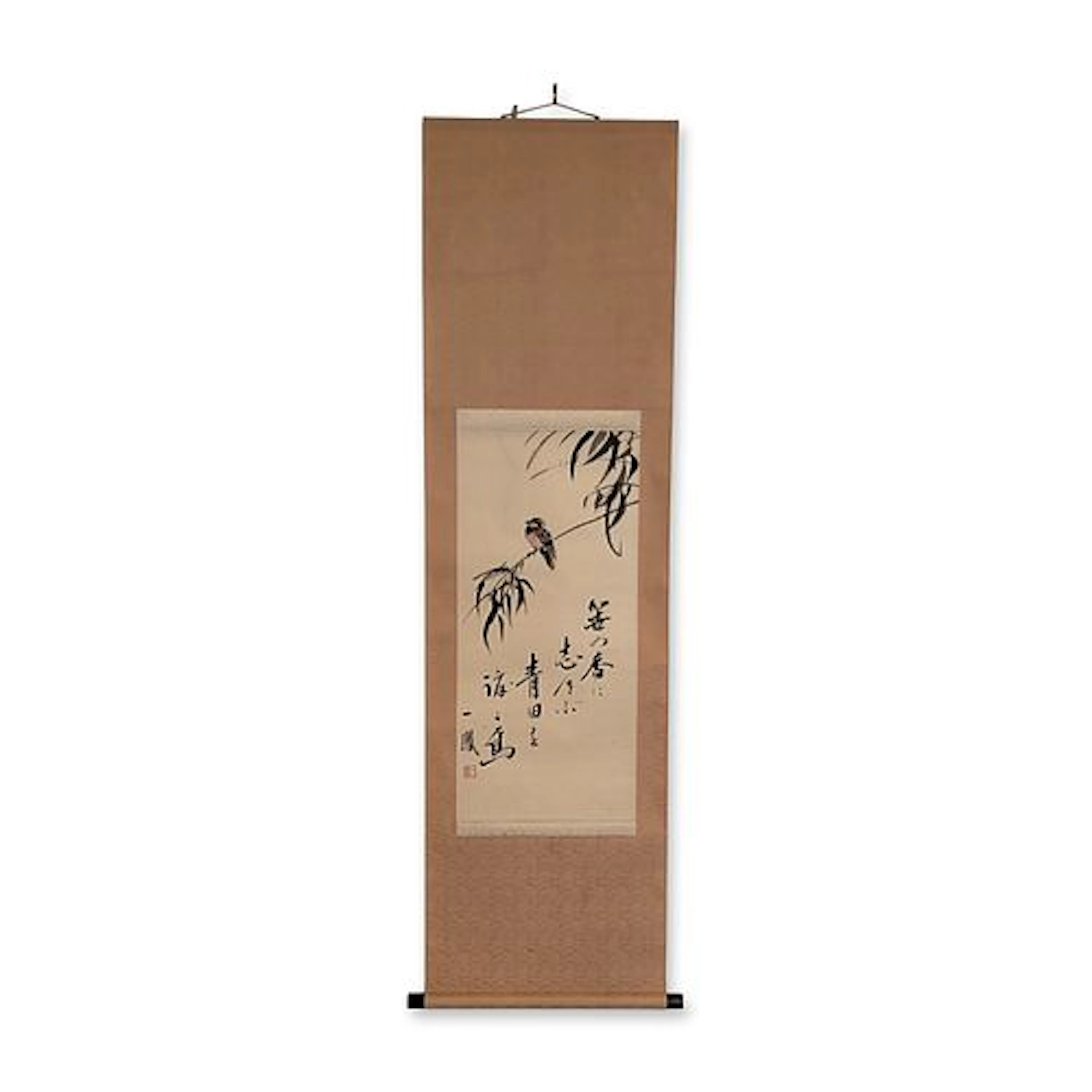 Japanese Ink and Washes on Paper Hanging Scroll, Sparrow and Willow
