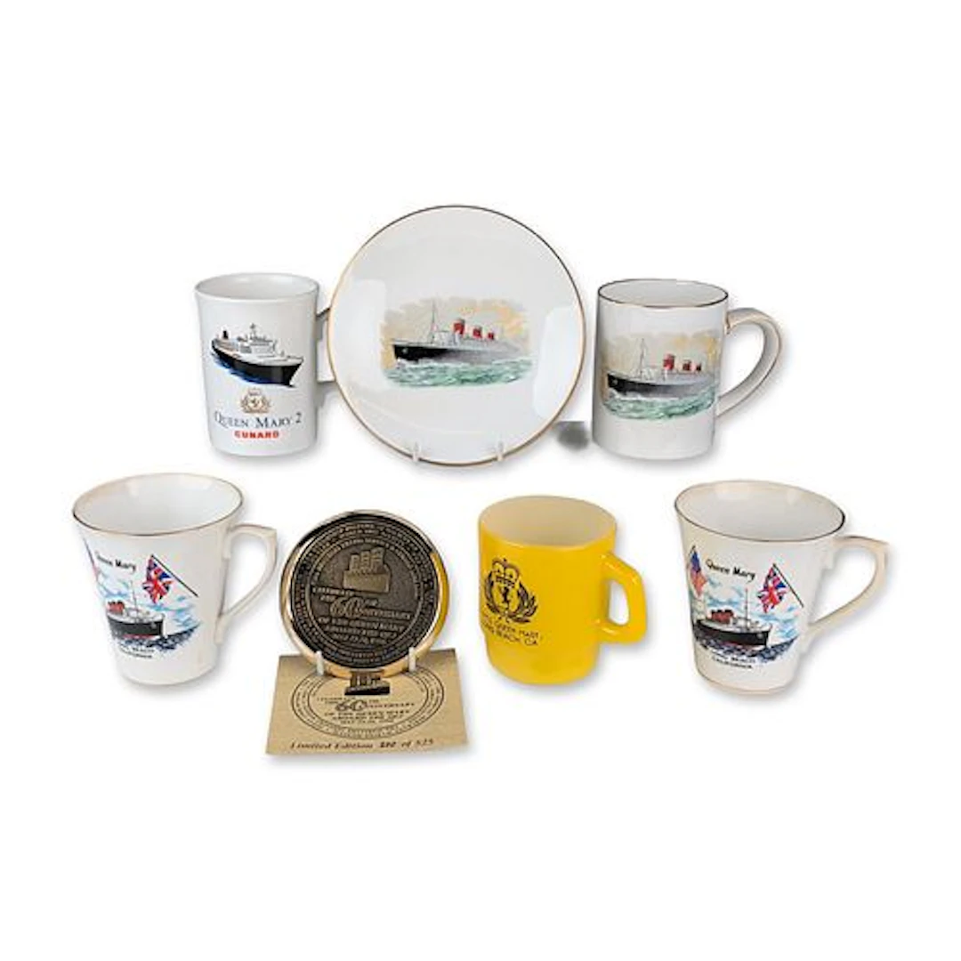 8pc Queen Mary Maritime Commemorative Mugs, Saucer, and Medallion