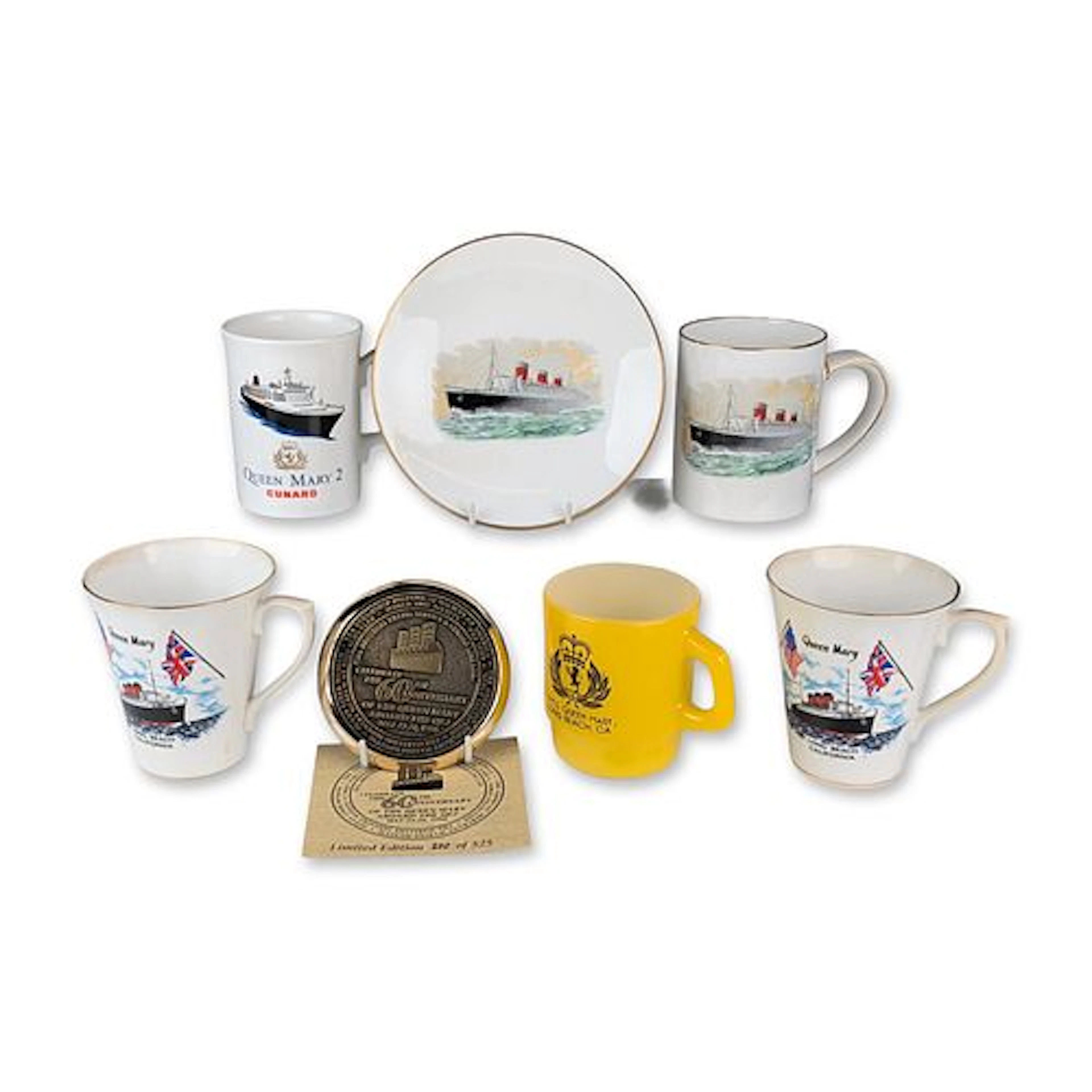 8pc Queen Mary Maritime Commemorative Mugs, Saucer, and Medallion