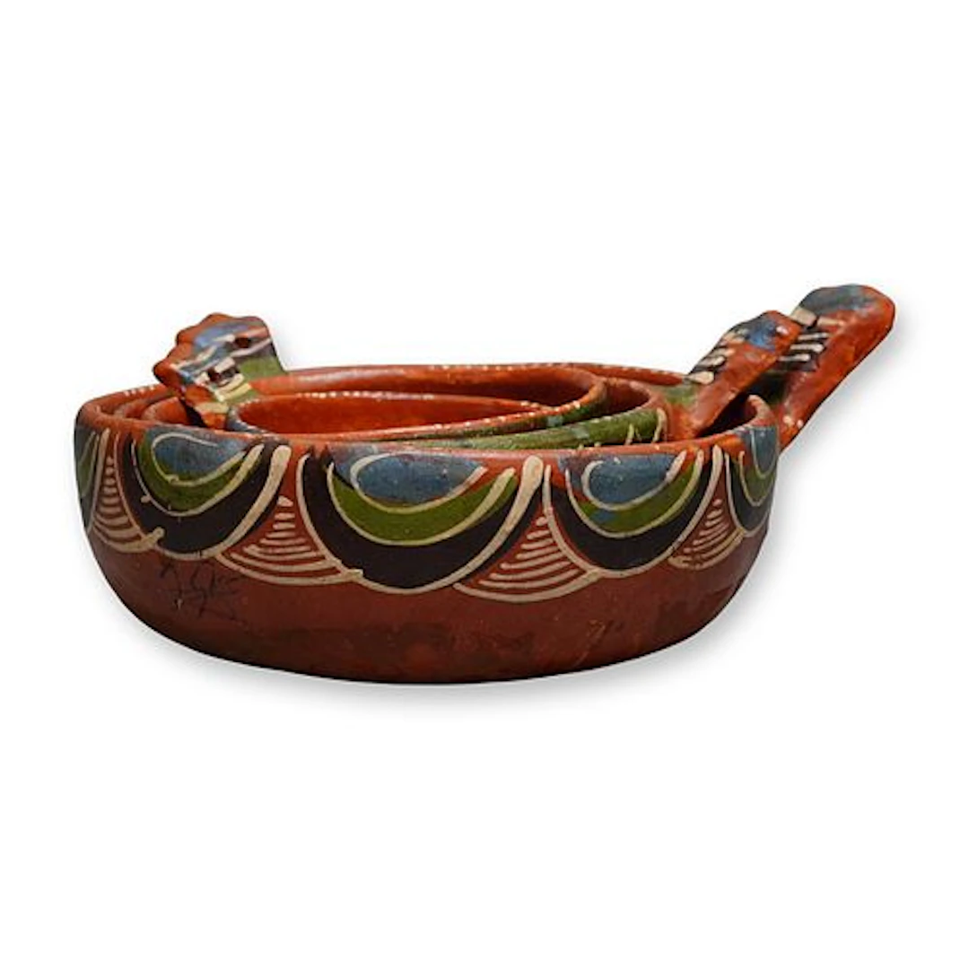 4pc Mexico Polychrome Redware Pottery Nesting Bowls