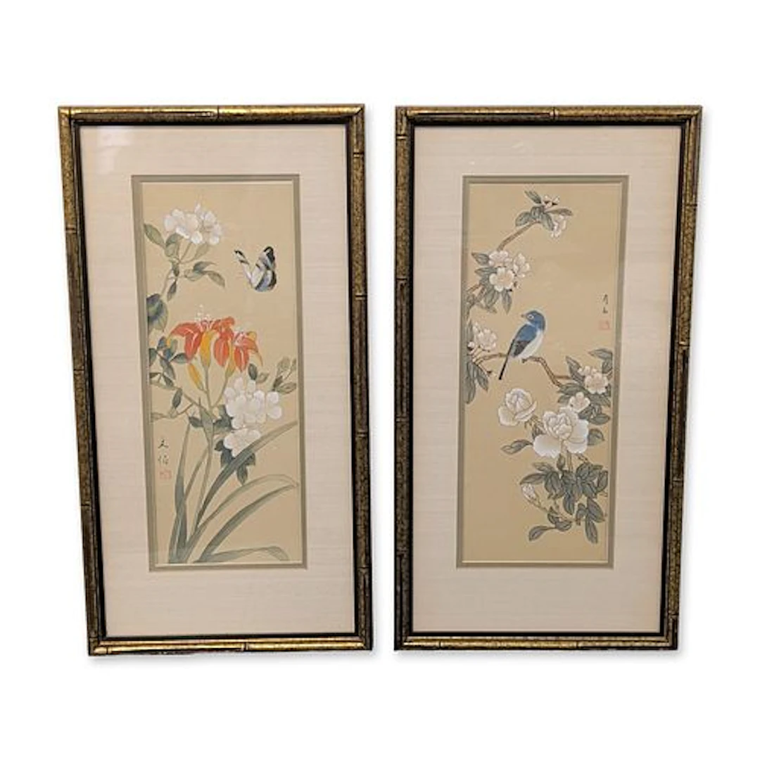 2pc Chinese Style Silk Bird and Flower Paintings, Signed with Seals