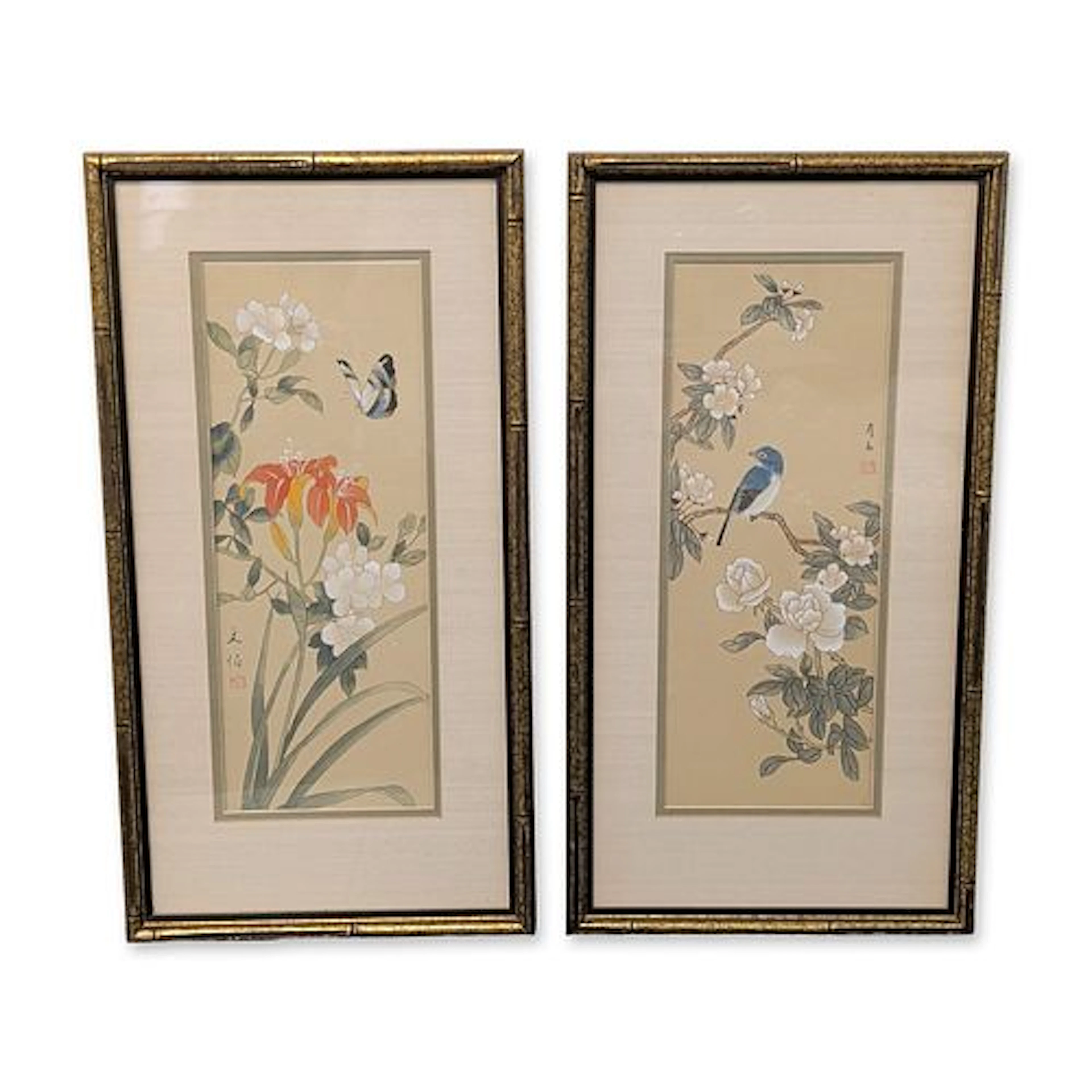 2pc Chinese Style Silk Bird and Flower Paintings, Signed with Seals