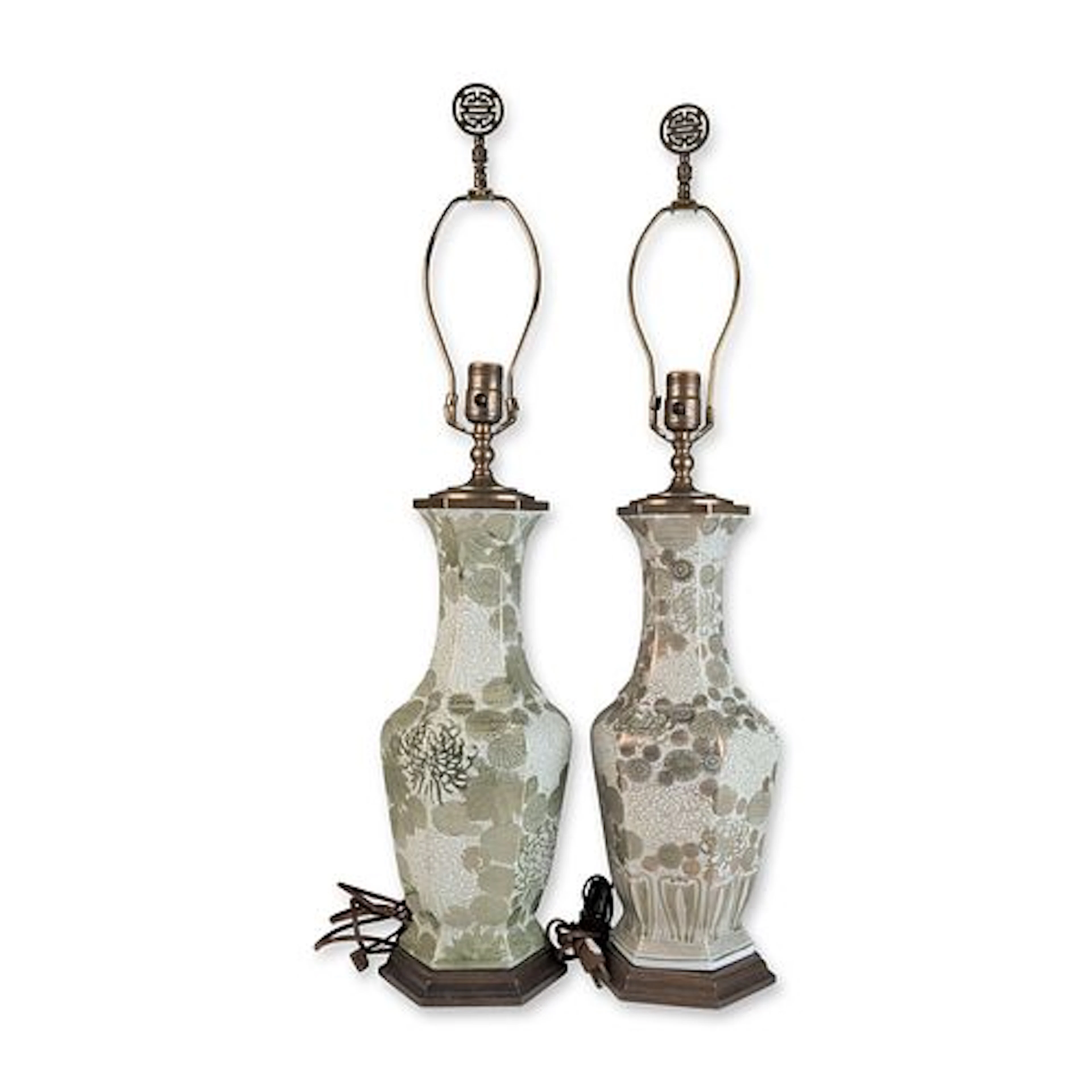 Pair of Hexagonal Baluster Thousand Bloom Porcelain Lamps