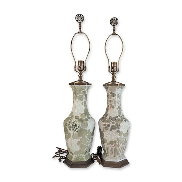 Pair of Hexagonal Baluster Thousand Bloom Porcelain Lamps