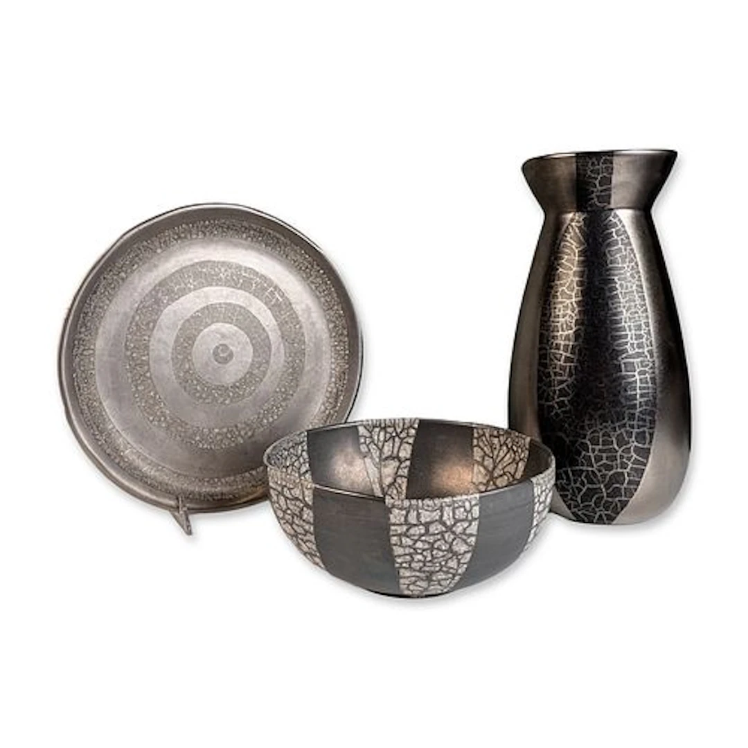 3pc Michael Wainwright Pottery Metallic and Crackle Glaze Vase, Bowl & Platter