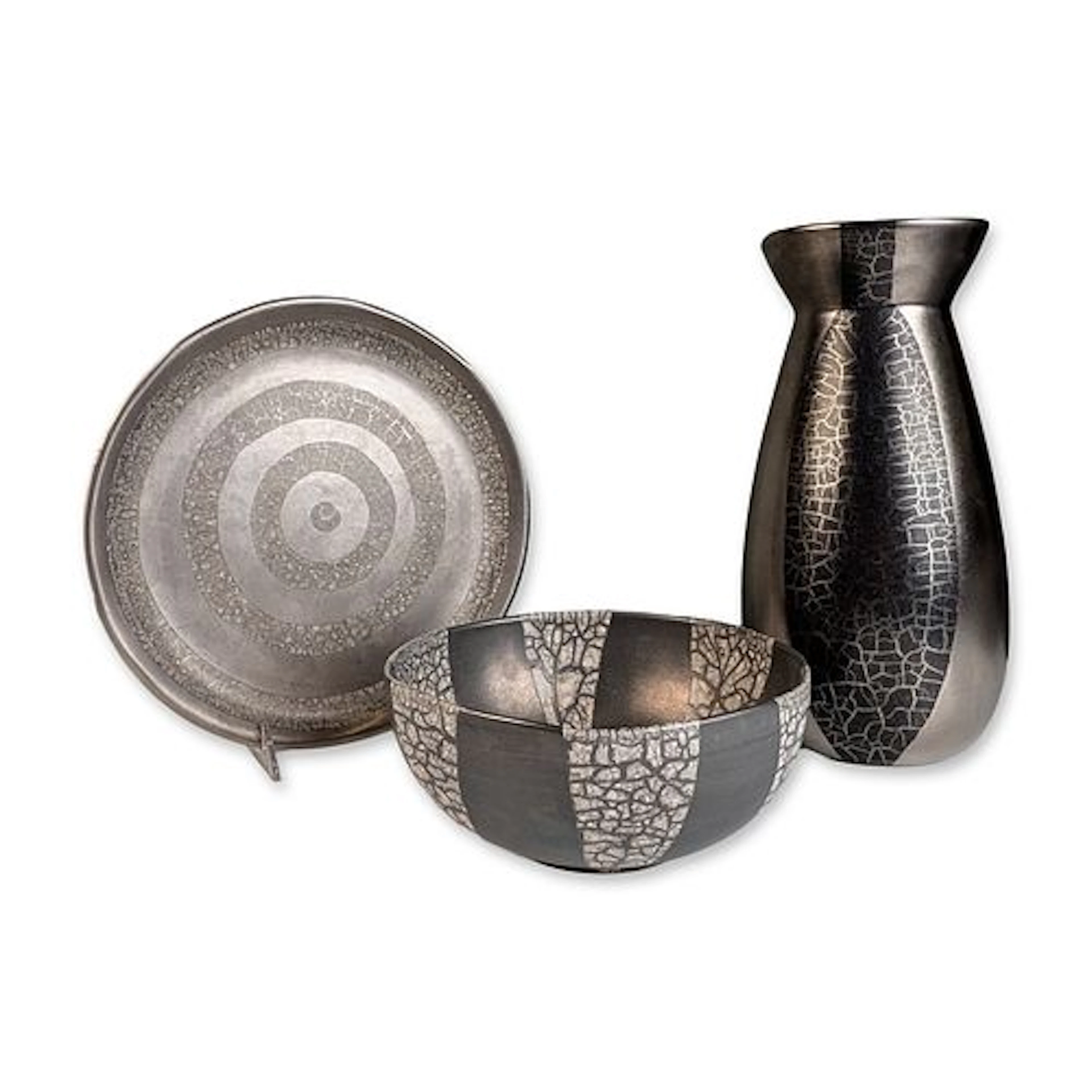 3pc Michael Wainwright Pottery Metallic and Crackle Glaze Vase, Bowl & Platter
