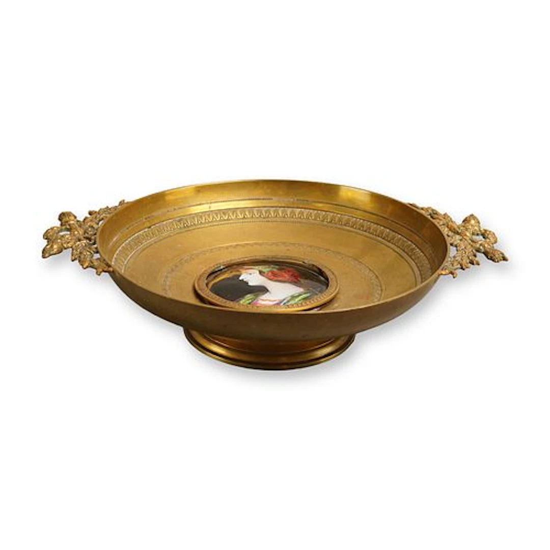 French 19th Century Gilt Bronze Bowl with Hand-Painted Enamel Portrait