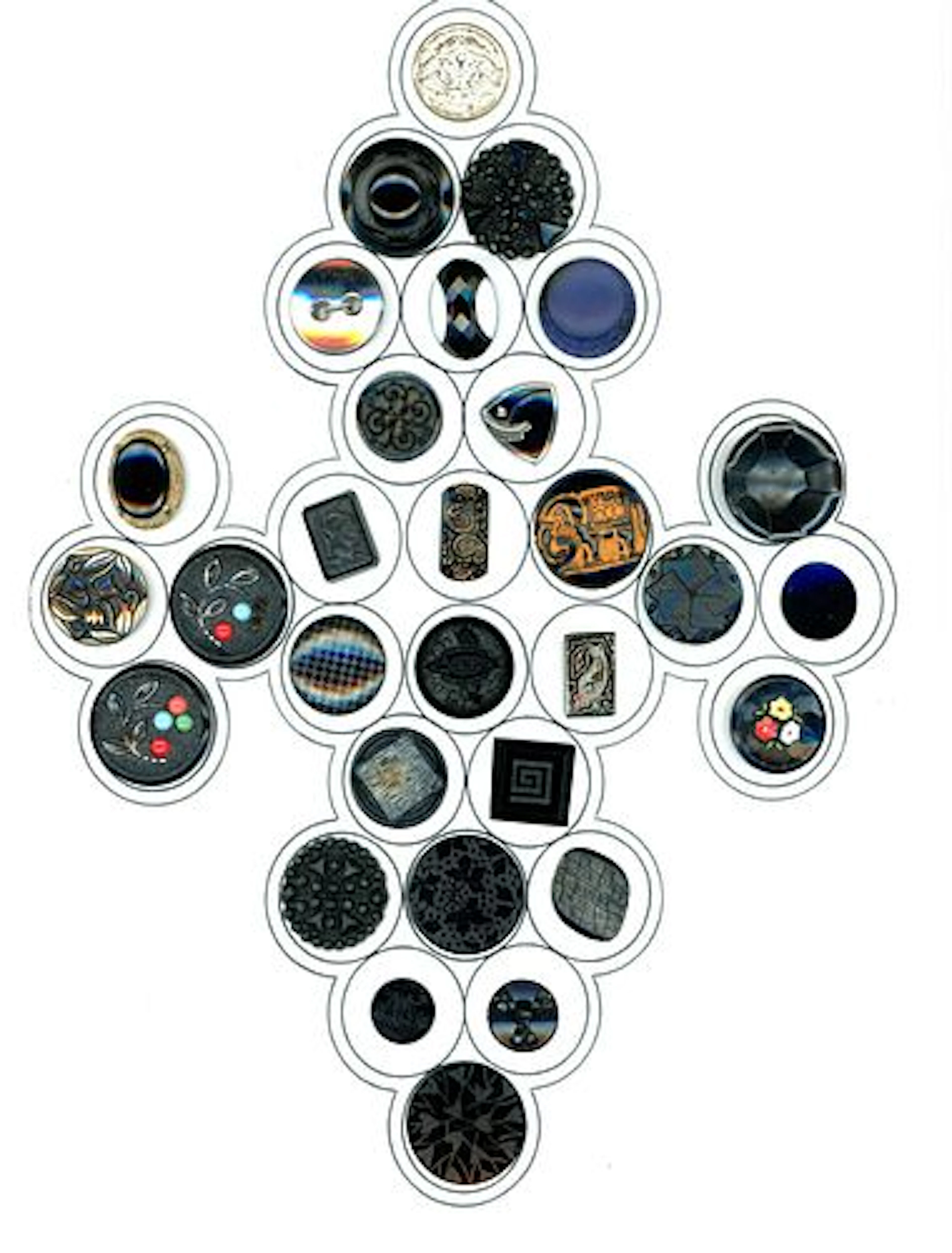 A CARD OF DIVIION ONE AND THREE BLACK GLASS BUTTONS