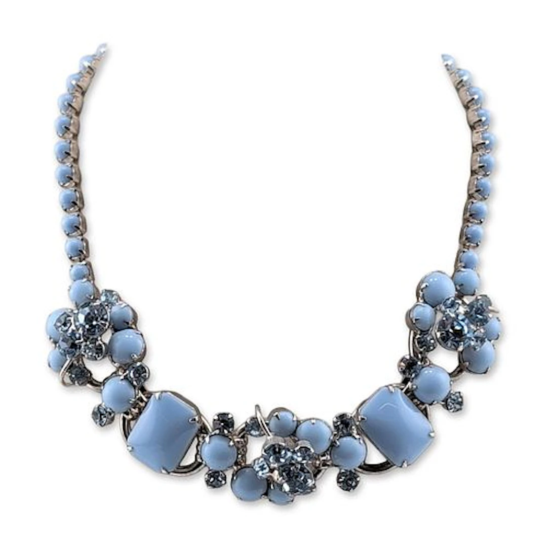Juliana Delizza & Elster Vintage Blue Milk Glass and Rhinestone Collar Necklace