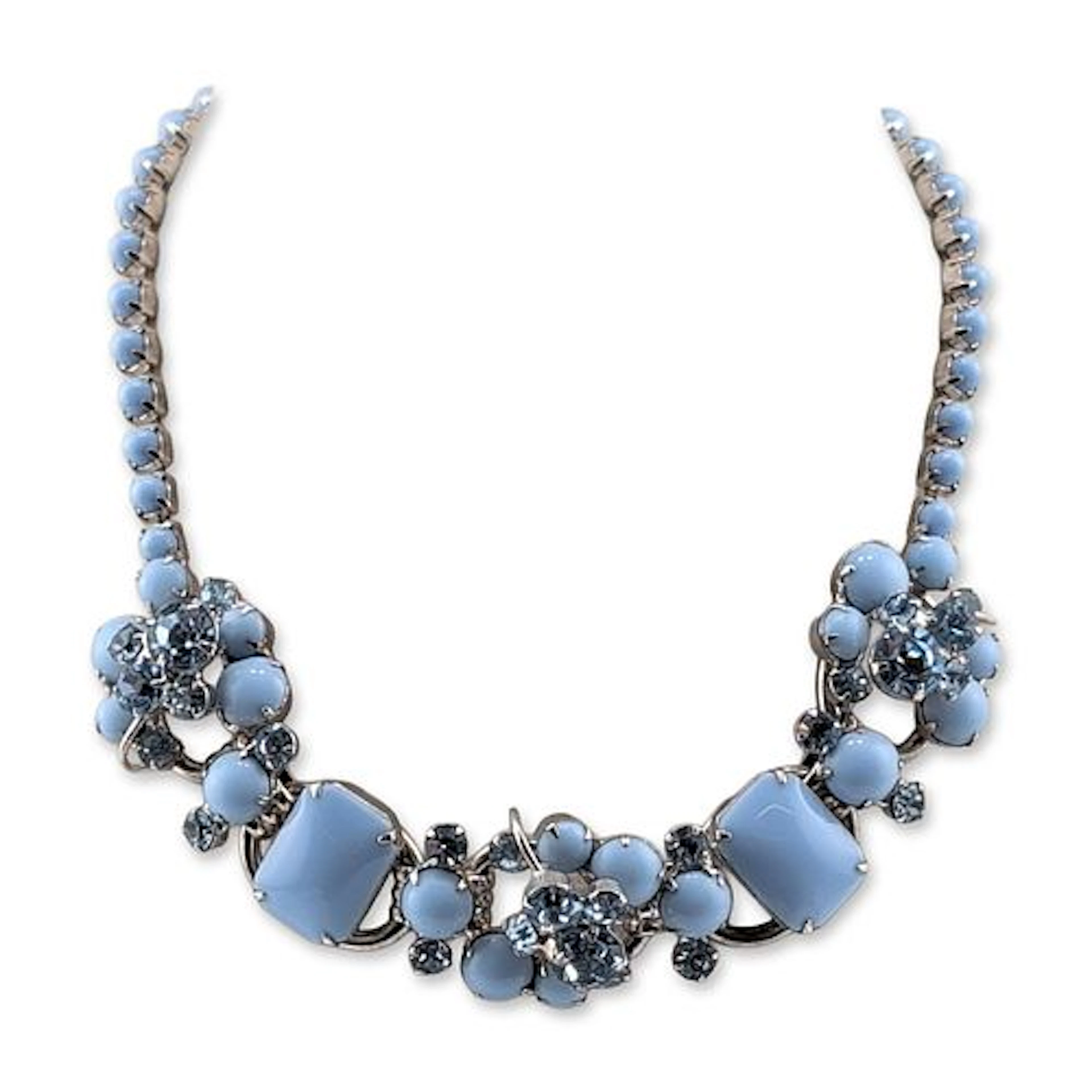 Juliana Delizza & Elster Vintage Blue Milk Glass and Rhinestone Collar Necklace