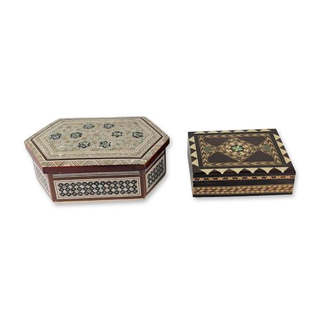 Two Middle Eastern Marquetry and Mother of Pearl Inlaid Boxes