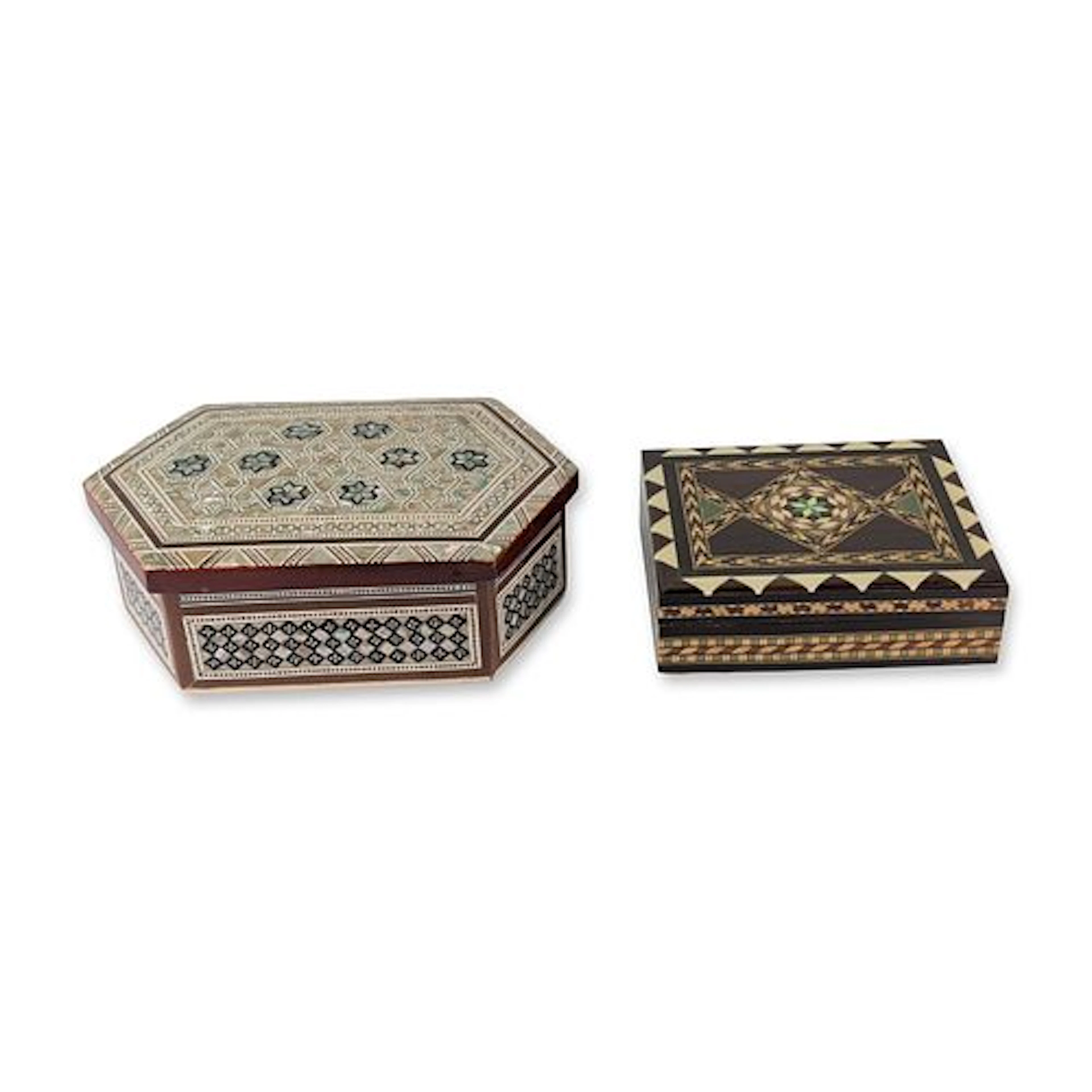 Two Middle Eastern Marquetry and Mother of Pearl Inlaid Boxes