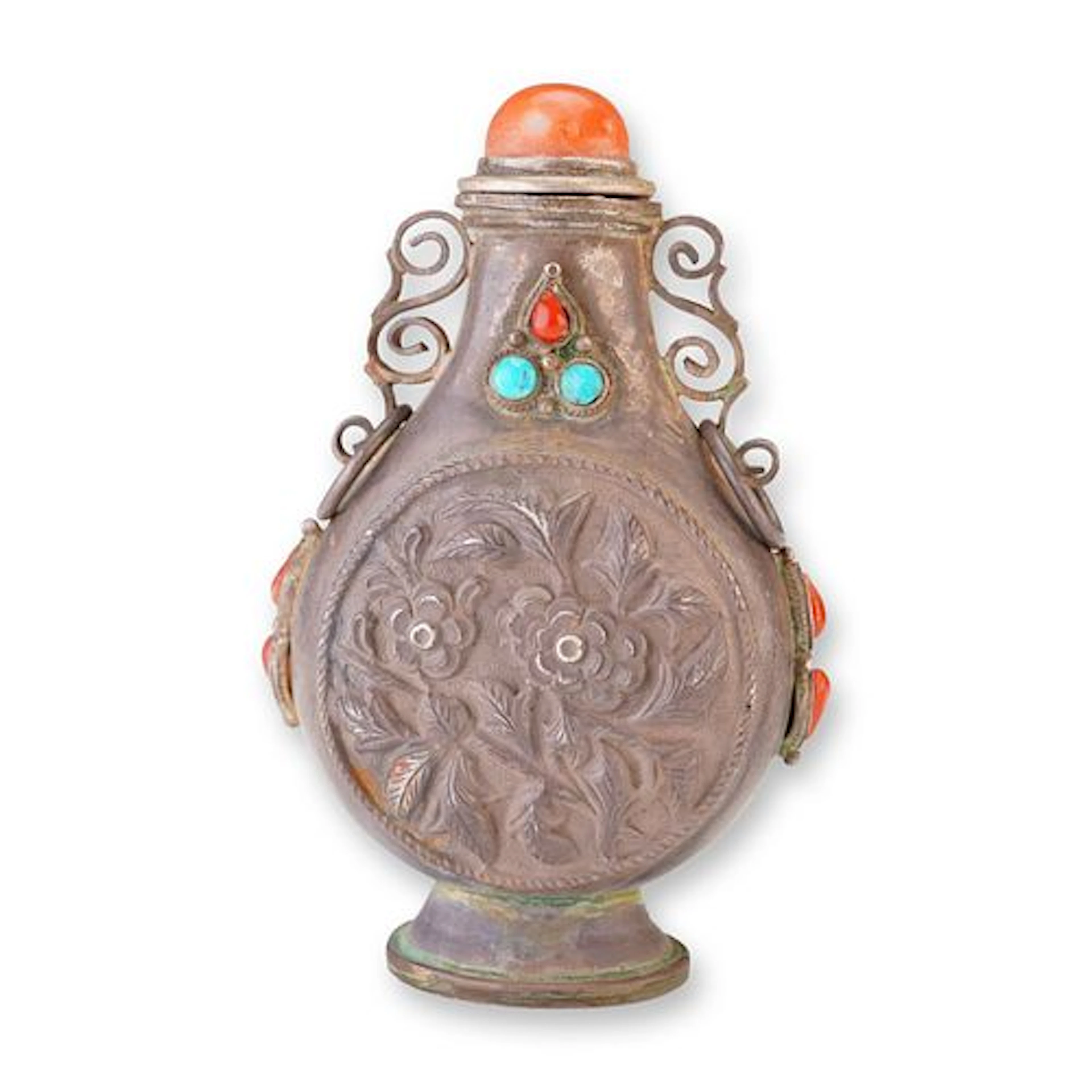 Mongolian Silver Repousse Snuff Bottle, Flowers, Scrolling Form Handles