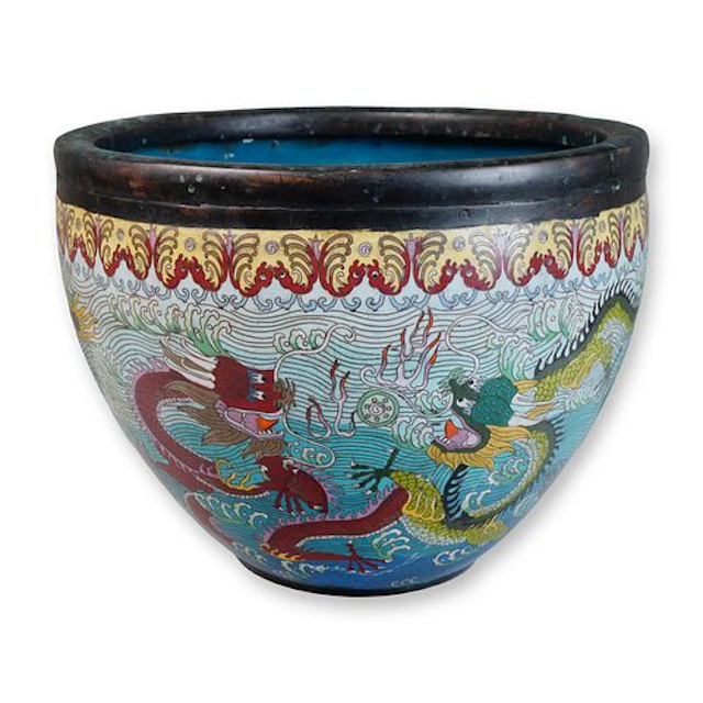 Chinese Cloisonne Enamel Fish Bowl, Dragons & Waves Design