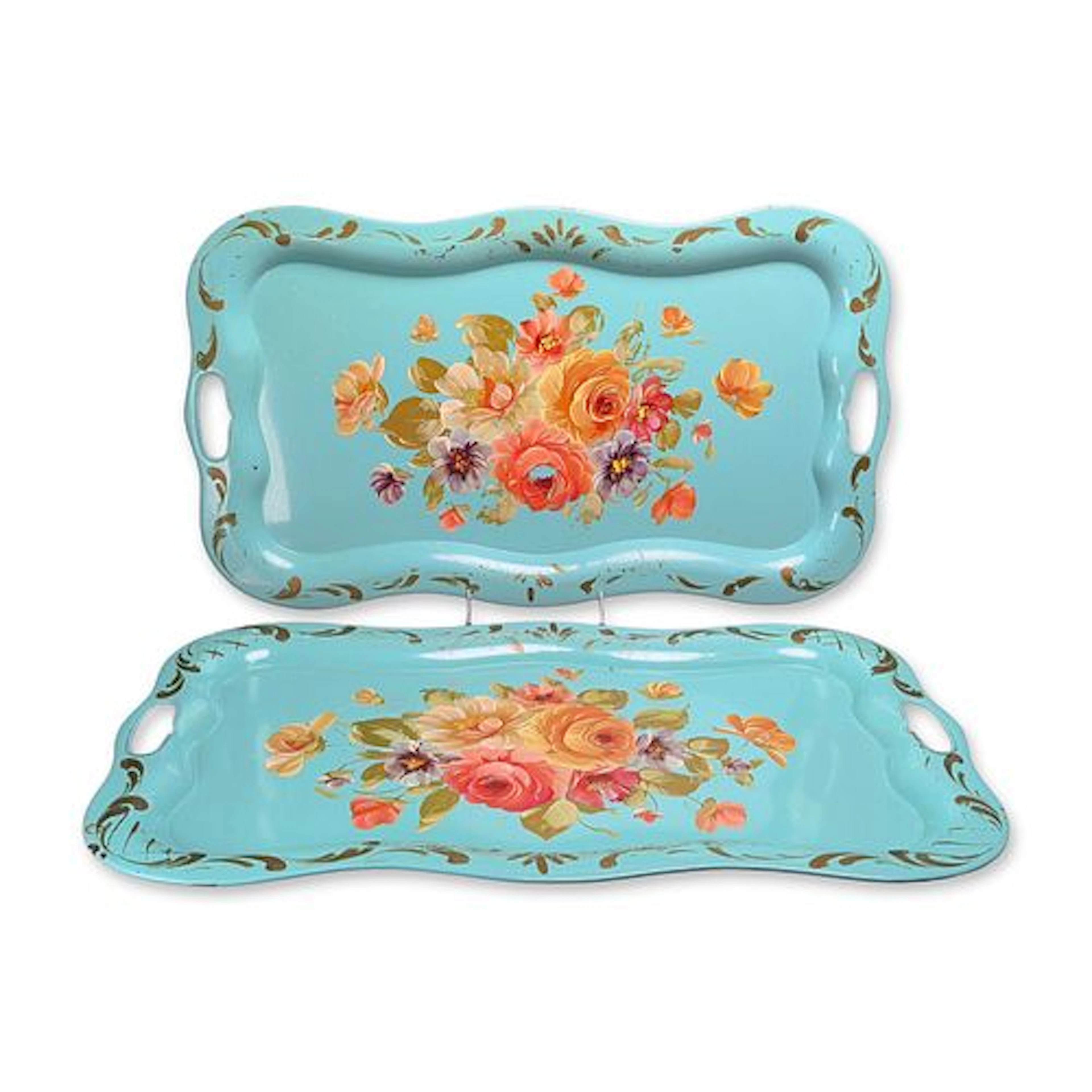 2pc Mid-Century Hand Painted Toleware Floral Trays