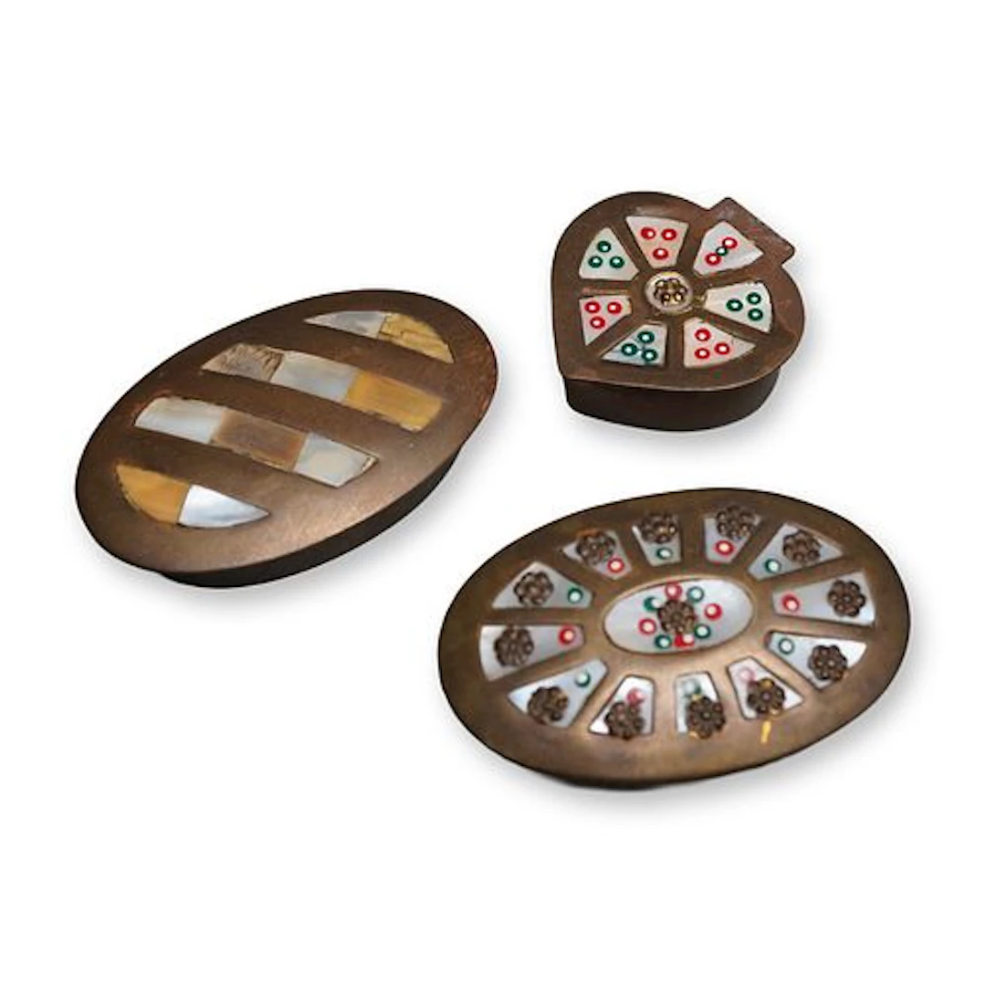 3pc Brass and Mother of Pearl Inlaid Ring Boxes
