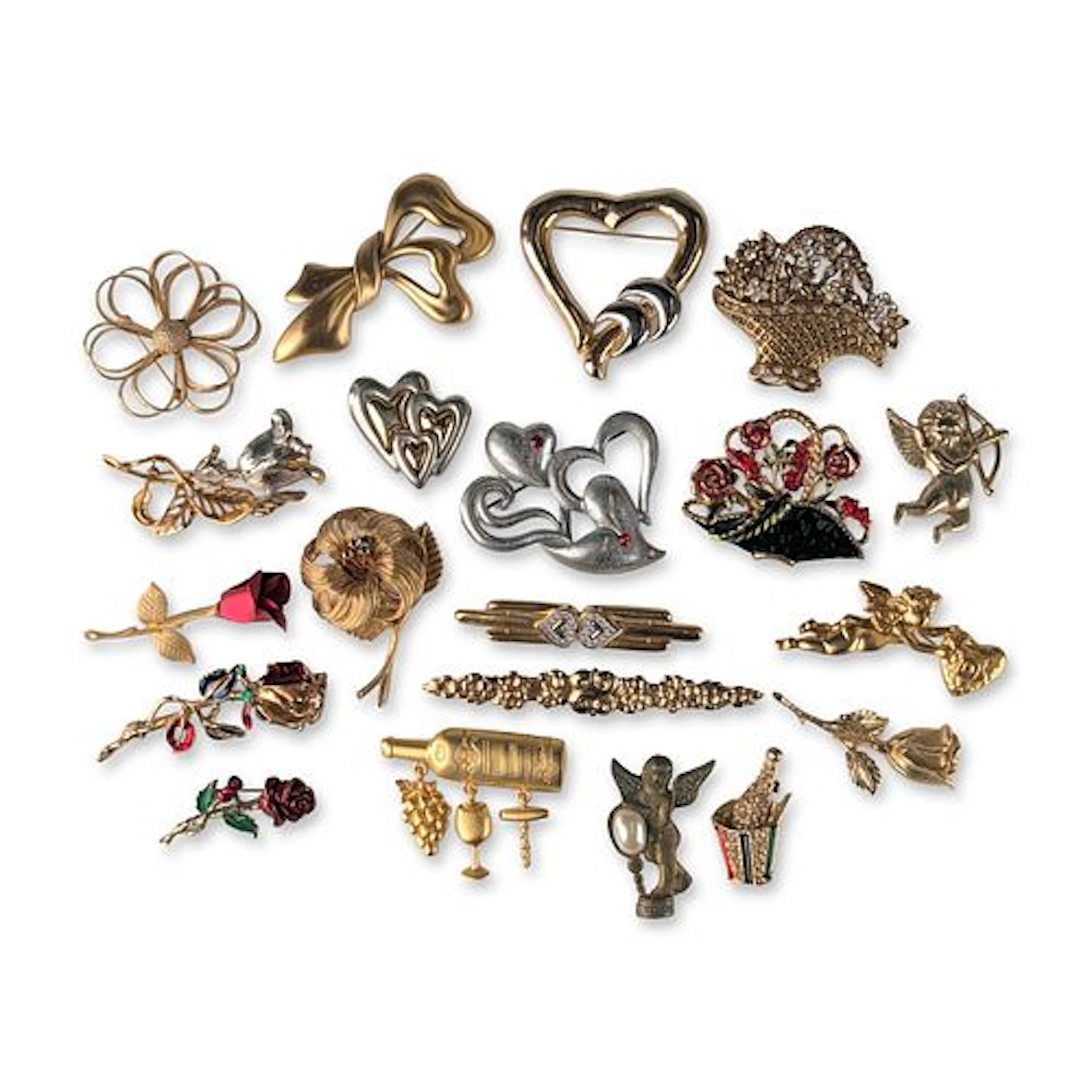 20pc Vintage Romantic, Floral, and Whimsical Themed Costume Jewelry Brooch Pins