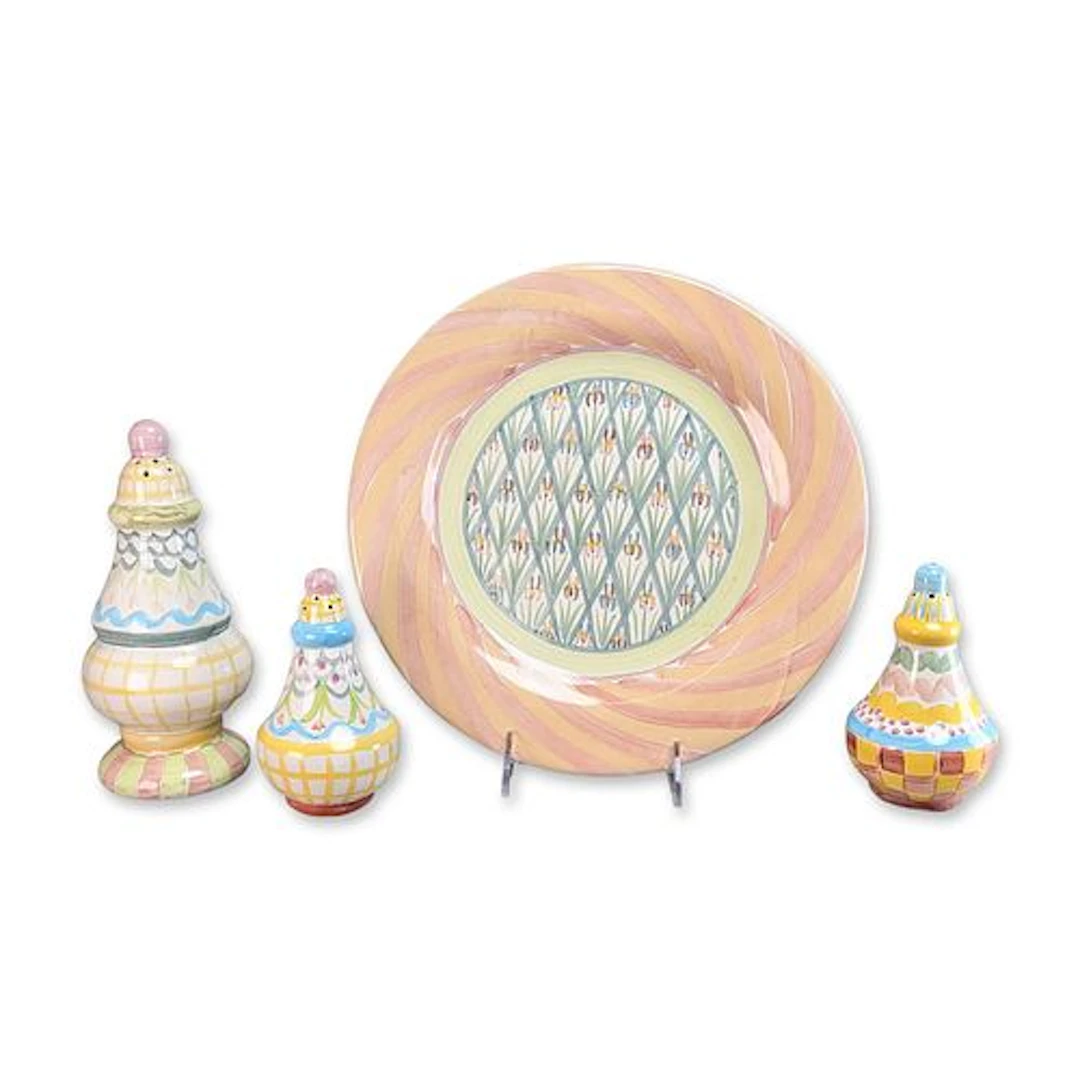 4pc MacKenzie-Childs Earthenware Plate and Shakers Set